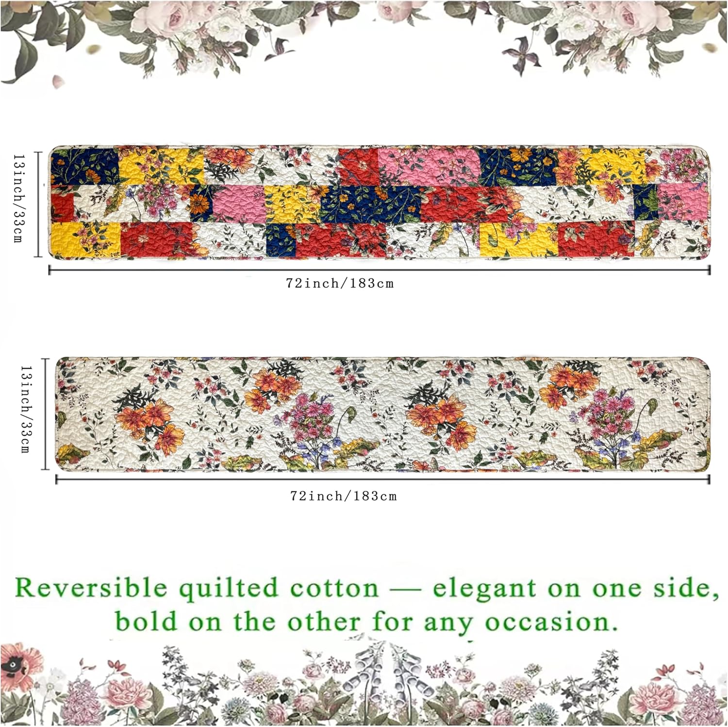 Quilted Cotton Patchwork Floral Table Runner – Reversible Vintage Farmhouse Table Runner, 13" x 74" for Dining Table, Coffee Table & Buffet