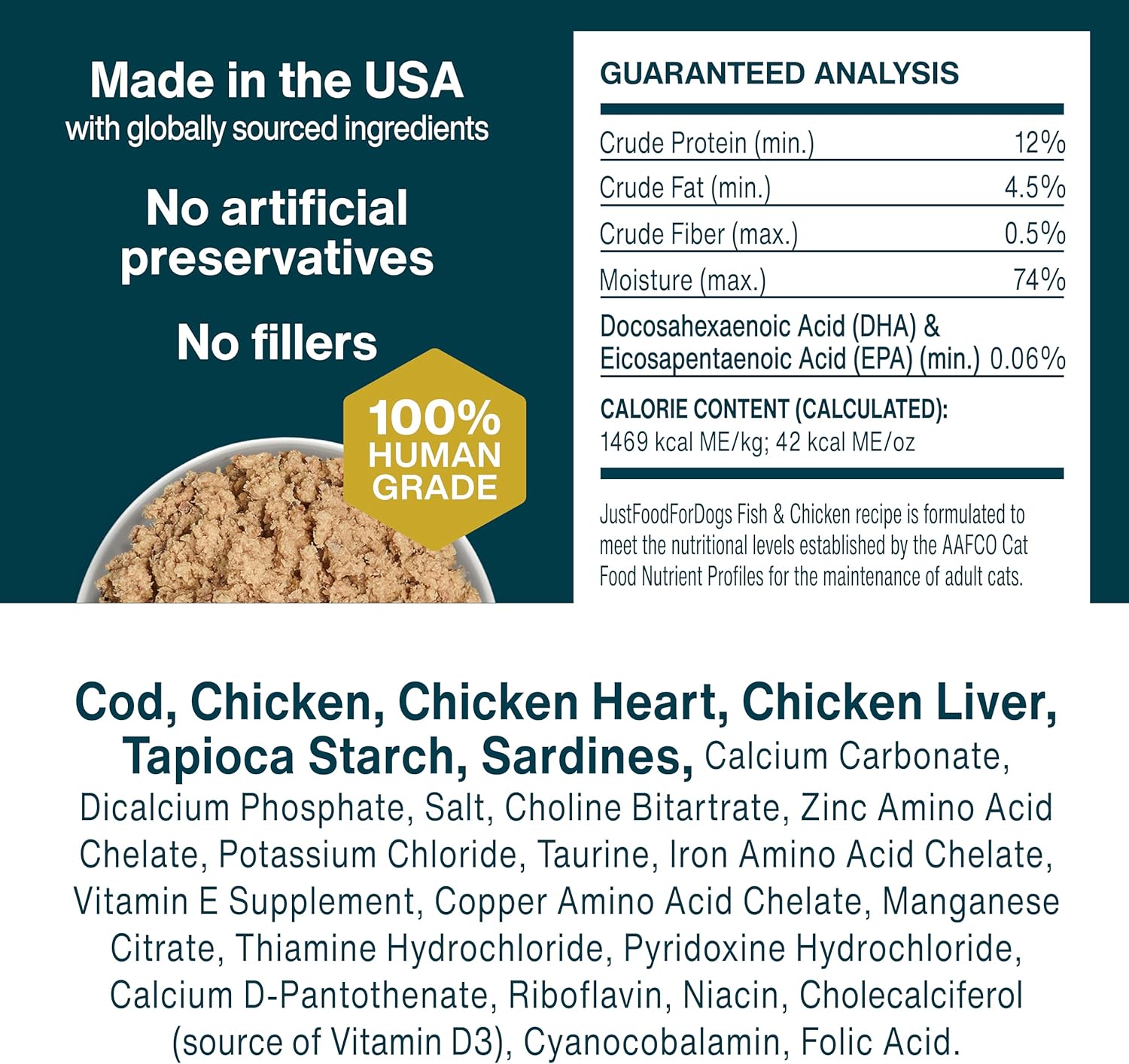 JustFoodForDogs Frozen Fresh Cat Food, Human Grade Wet Cat Food Pate, Fresh Pet Meals and Toppers, Grain Free, No Preservatives, High Protein, Limited Ingredient Gravy, Fish & Chicken 18oz - 7 Pack