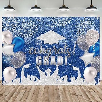 7x5FT Polyester Fabric Blue and Silver Graduation Photography Backdrop Class of 2025 Background Bachelor Cap Balloon for Grad Congrats Prom Party Decoration Banner Picture Photo Studio