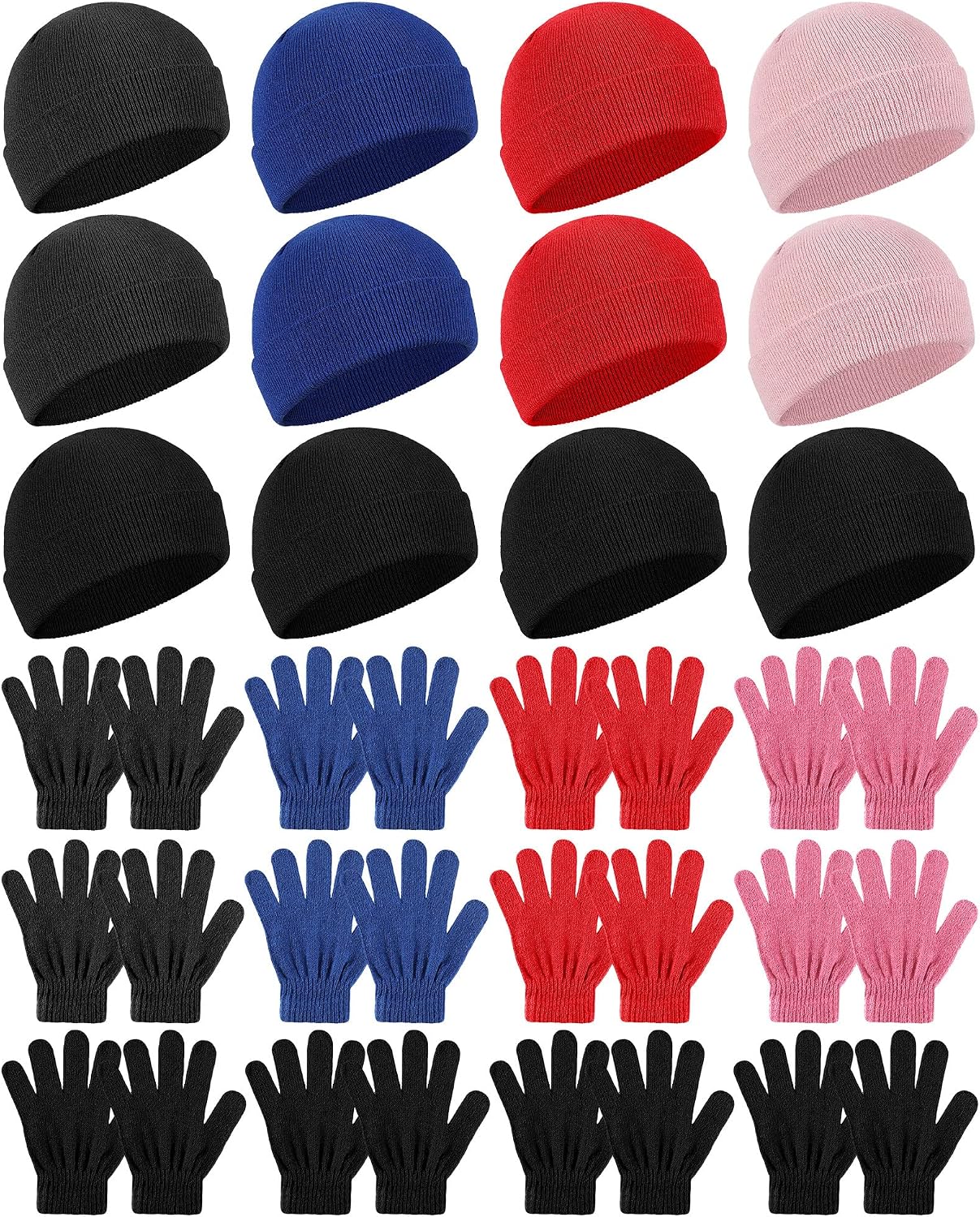 Tarpop 24 Pcs Kids Winter Beanies Kids Gloves Set Stretchy Warm Cold Weather Hats Finger Knit Gloves for Boys Girls Unisex Children School Outdoor Classic Colors