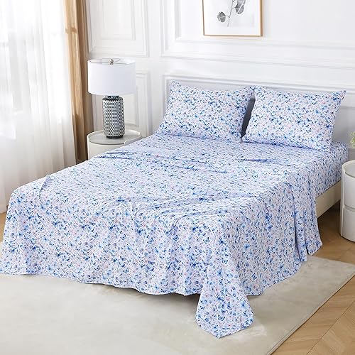 Miniatura 9 de Softan - Juego de sábanas y funda de almohada de microfibra Individual con estampado de flores azules y mariposas, sábana bajera con correas