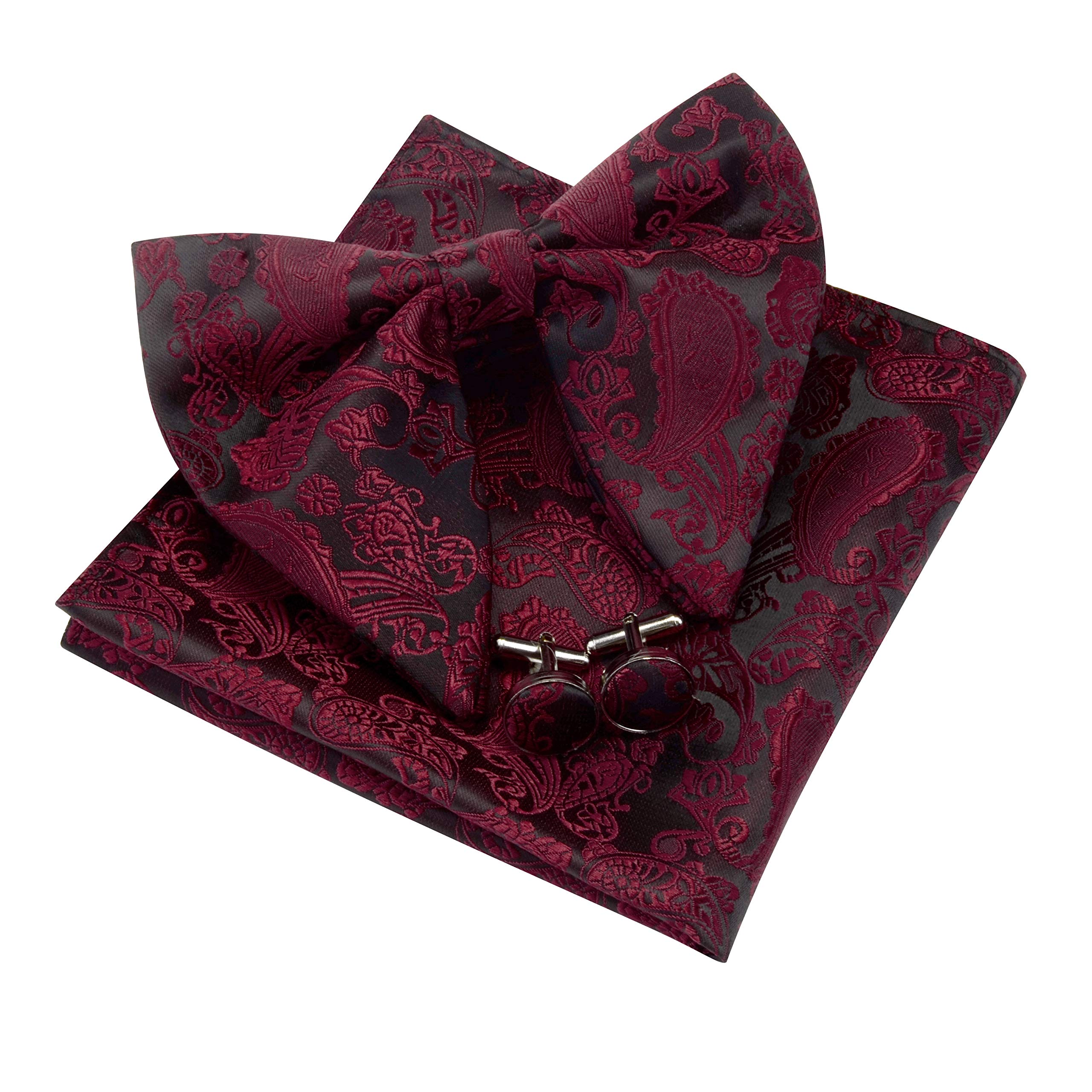 Gusleson Paisley Burgundy bow tie Adjustable Pre-tied Big Bowtie and Pocket Square Cufflink Set (UK0613-01)