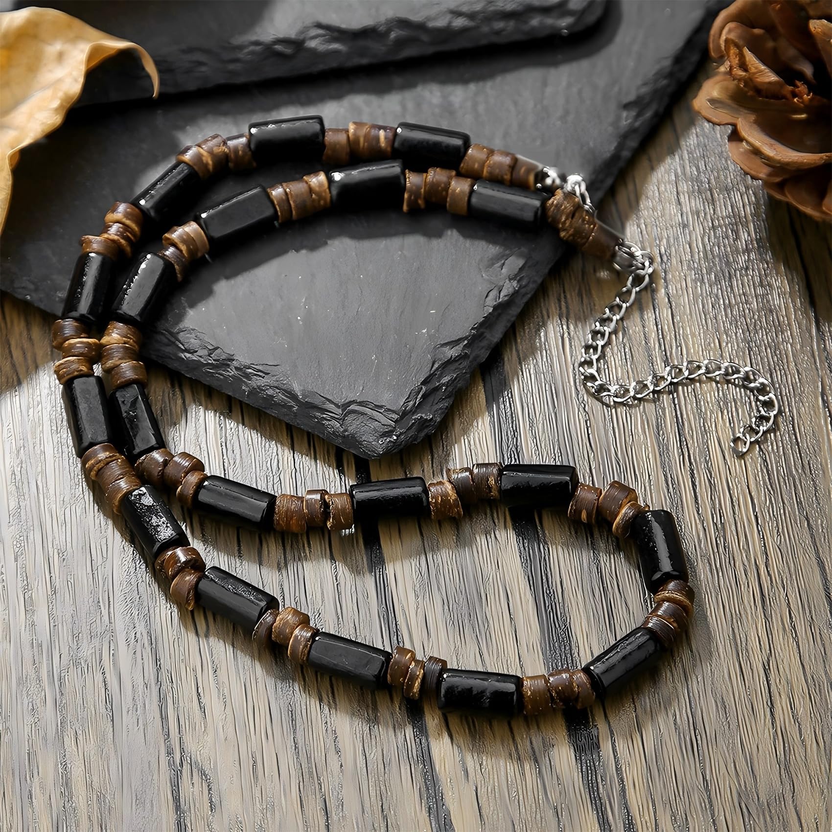 MIFYNN Surfer Necklace for Men Beaded Choker Necklace Puka Shell Necklaces Brown Coconut Wood Beads Necklaces Beach Surfer Jewelry Gift