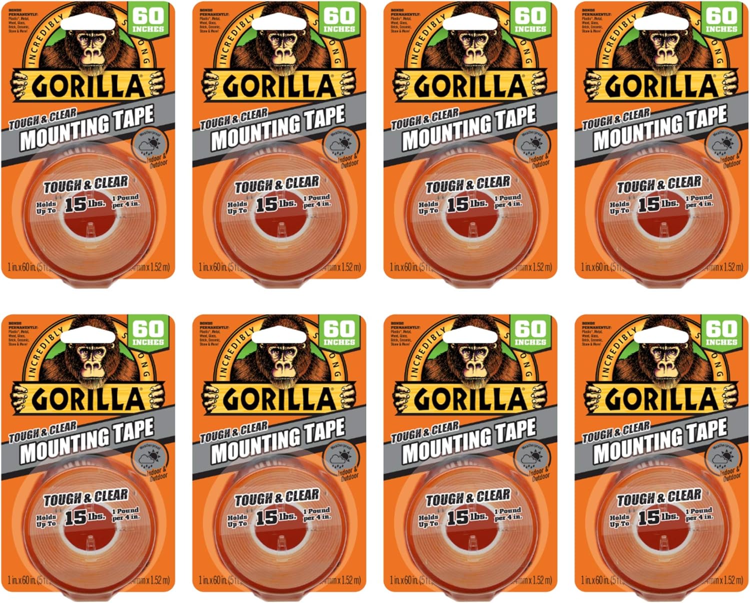 Gorilla Tough & Clear, Double Sided Mounting Tape, Weatherproof, 1" x 60", Clear, (Pack of 8)