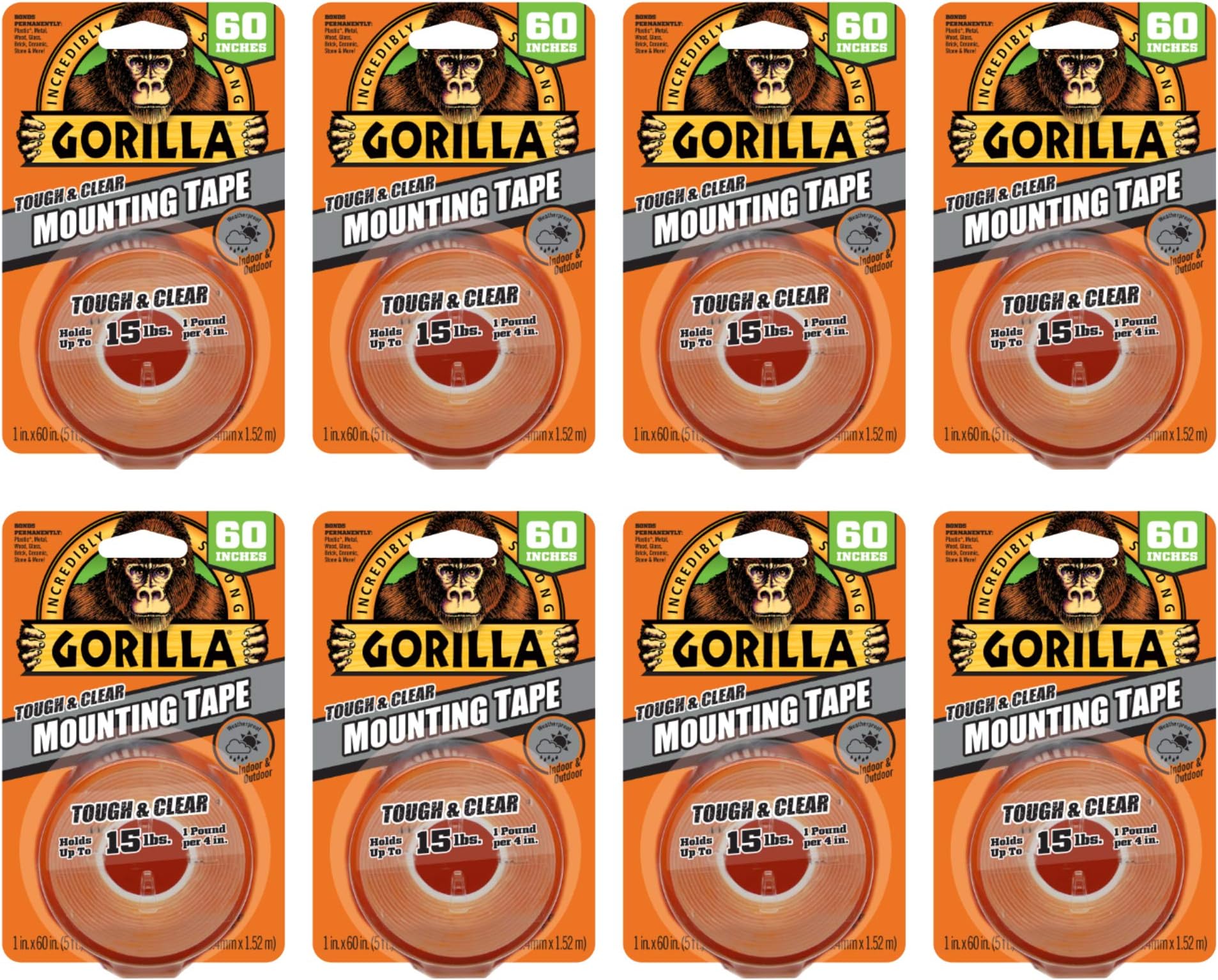 Gorilla Tough & Clear, Double Sided Mounting Tape, Weatherproof, 1" x 60", Clear, (Pack of 8)