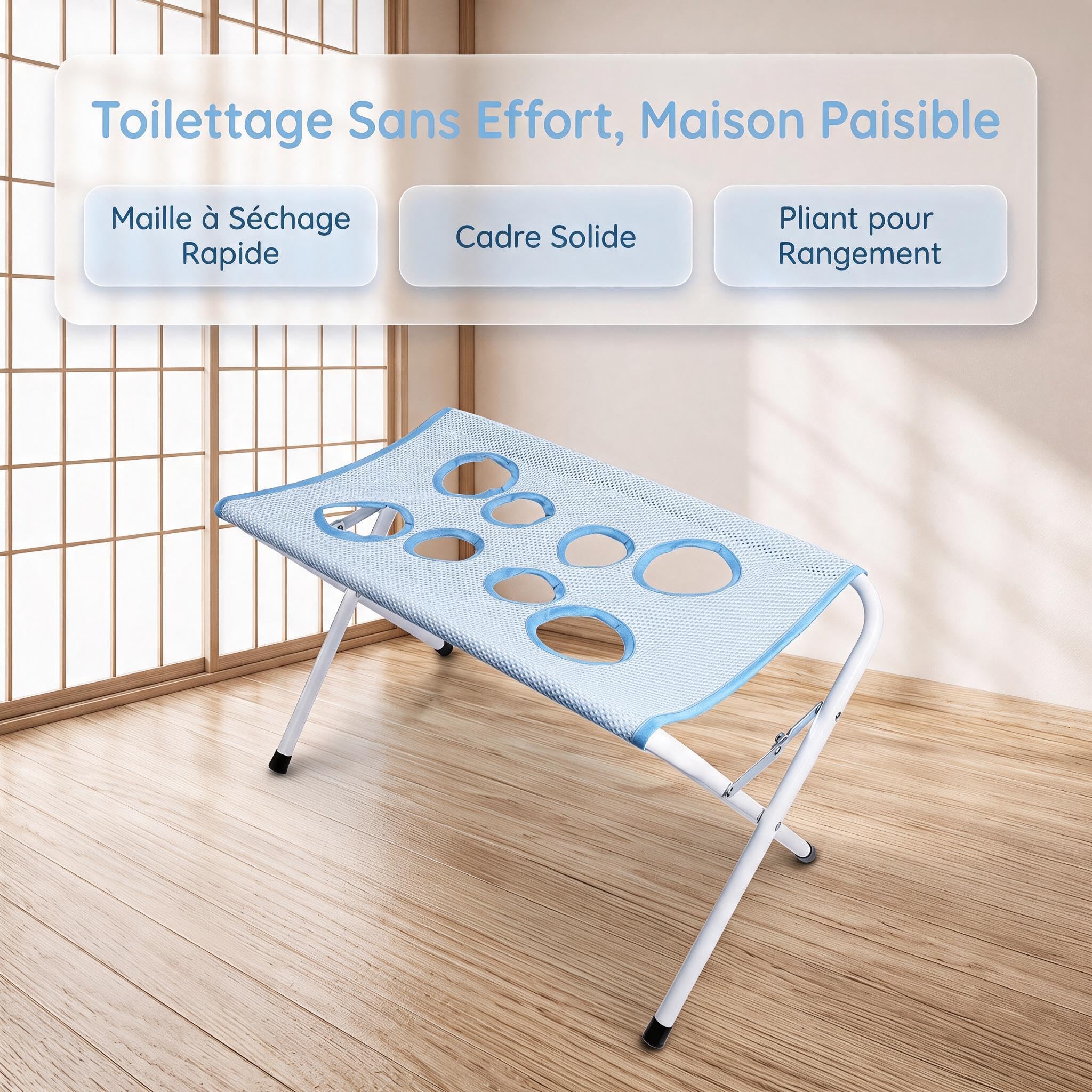 Table de Toilettage pour Chien et Chat, Table de Soin Pliable avec Tissu en Maille Respirant, 8 Ouvertures pour Les Pattes, Structure en Acier,pour Petits Animaux(Bleu)