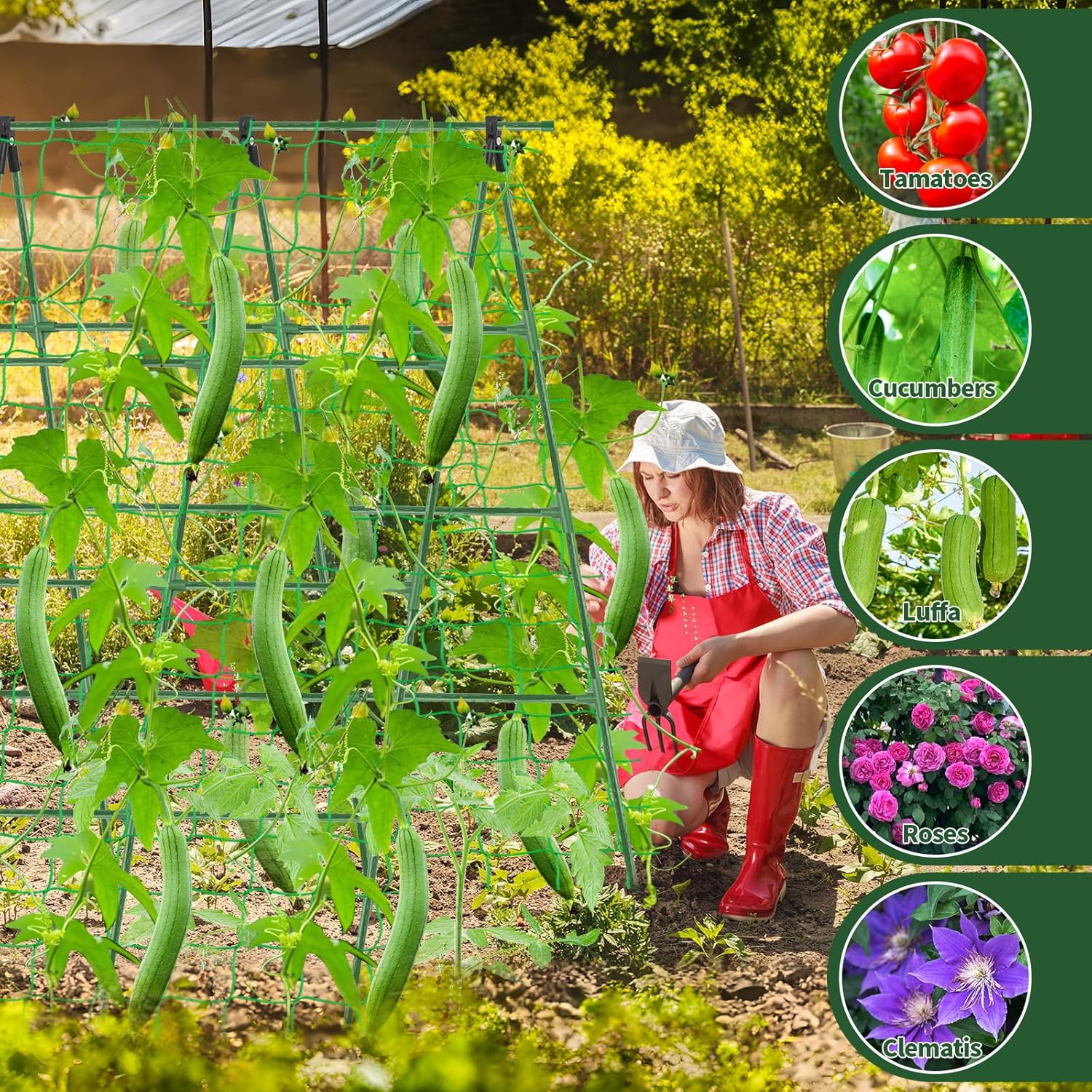 A-Frame Cucumber Trellis for Raised Bed - 63”H x 47”W, Heavy-Duty Detachable Garden Trellis with Netting & Clips, Support for Climbing Outdoor Cucumber, Tomatoes, Luffa, Bitter Melon, Vining Flowers