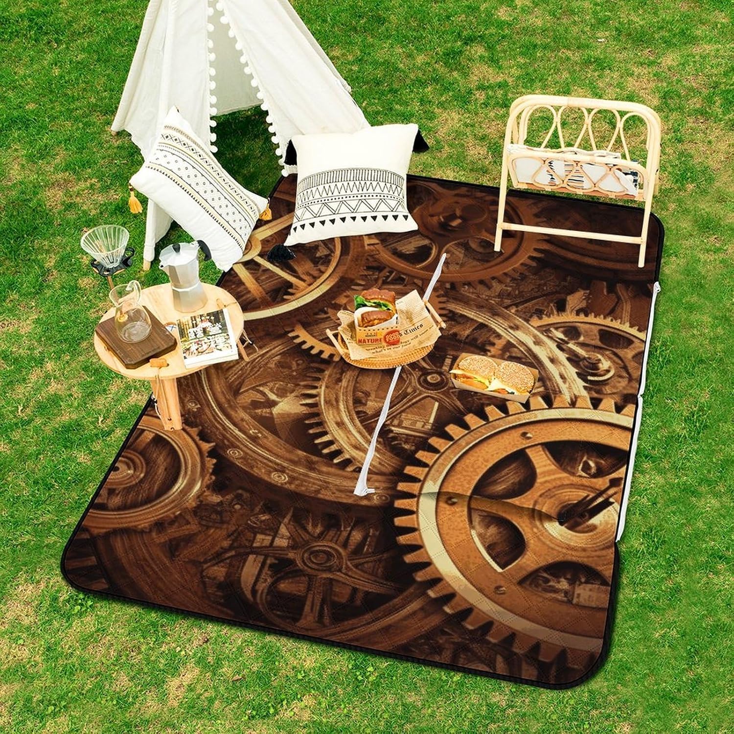 Cool Steampunk Gears Picnic Blanket 150x100cm, Foldable 2-in-1 Picnic Mat and Tote Bag Portable Waterproof Beach Mat Sandproof Outdoor Blanket for Park, Hiking, Beach, Camping, Travel