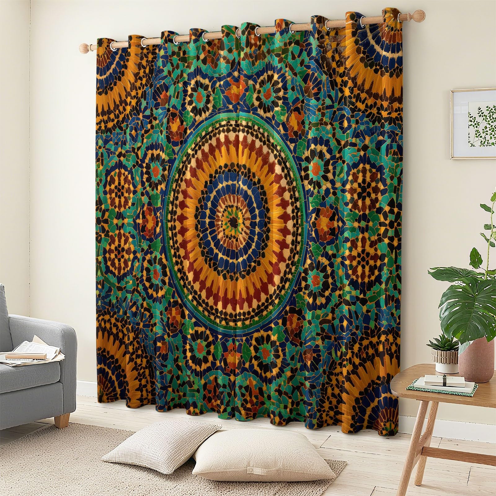 Zestaw 2 termicznych zasłon zaciemniających z poliestru, z oczkami, 280 x 260 cm, vintage, etniczny nadruk kołowy, do salonu, sypialni, pokoju dziecięcego, zielone, zestaw 2 sztuk