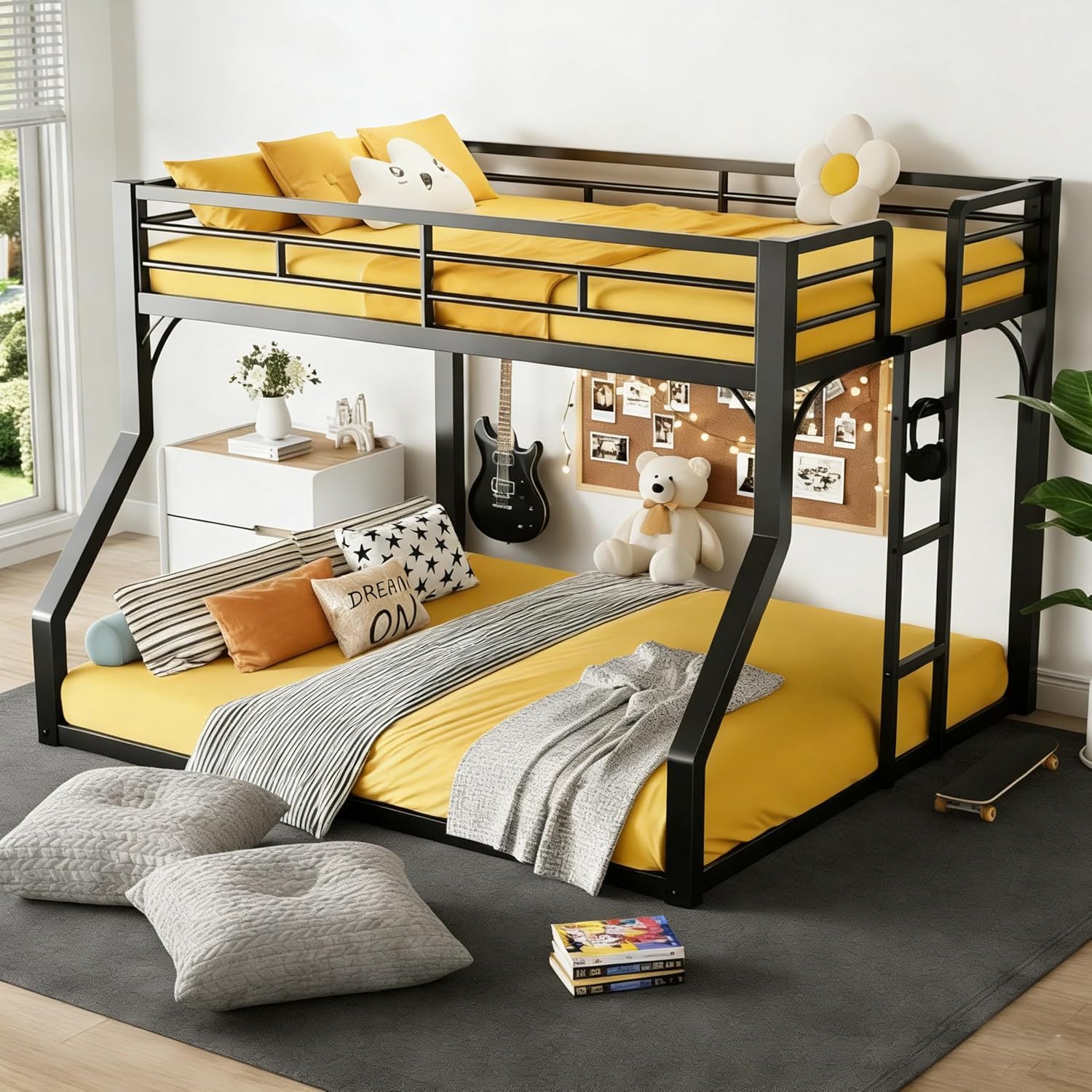 DNYN Queen Over King Size Bunk Bed with Guardrails and Ladder for Kids/Teens Bedroom, Space-Saving Metal Bed Frame w/Wooden Slats Support, No Box Spring Needed