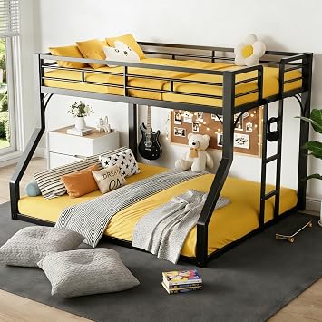 DNYN Queen Over King Size Bunk Bed with Guardrails and Ladder for Kids/Teens Bedroom, Space-Saving Metal Bed Frame w/Wooden Slats Support, No Box Spring Needed