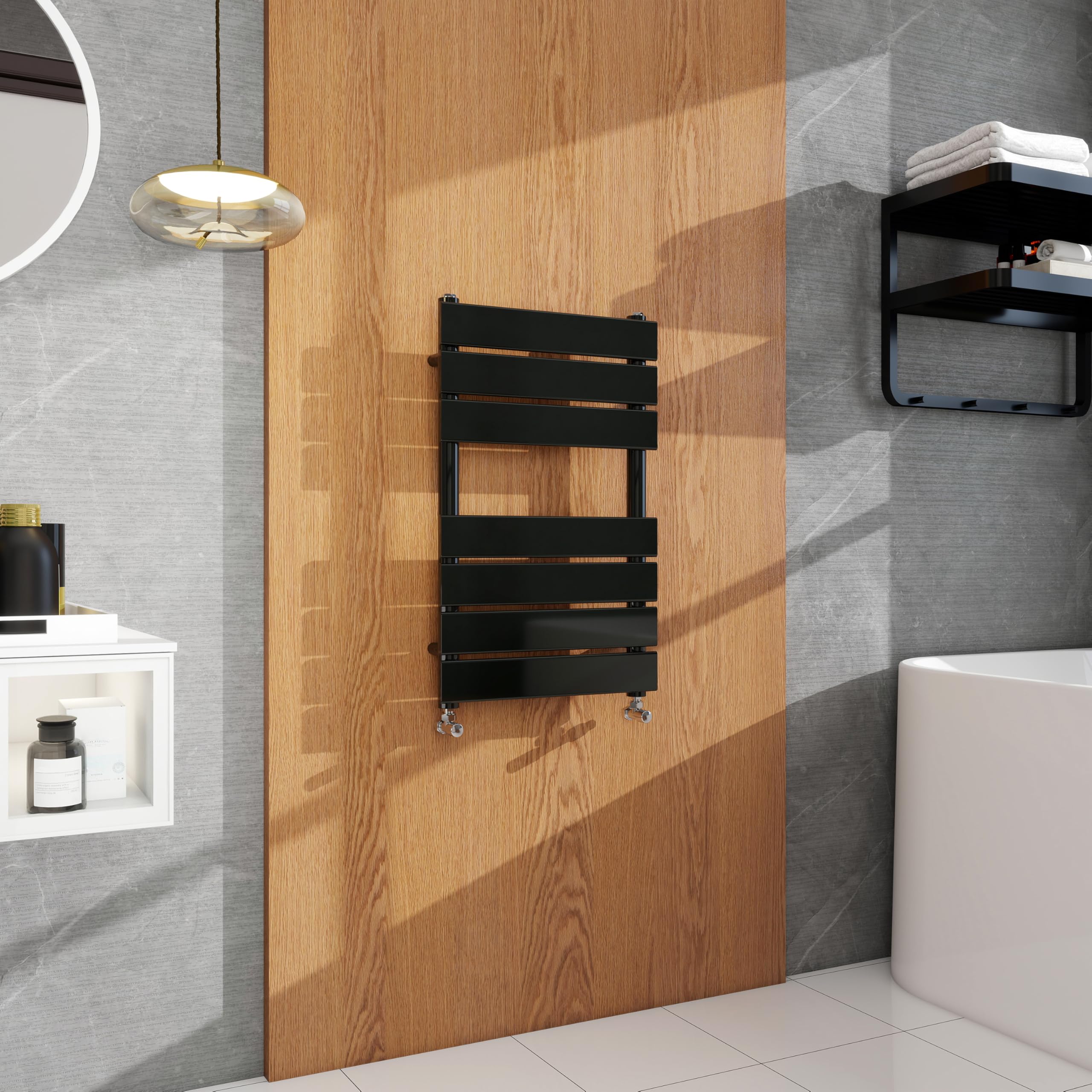 Simple Bathrooms Black Modern Flat Panel Heated Towel Rail Radiator,Wall Mounted Central Heating Ladder Rad 650X400mm
