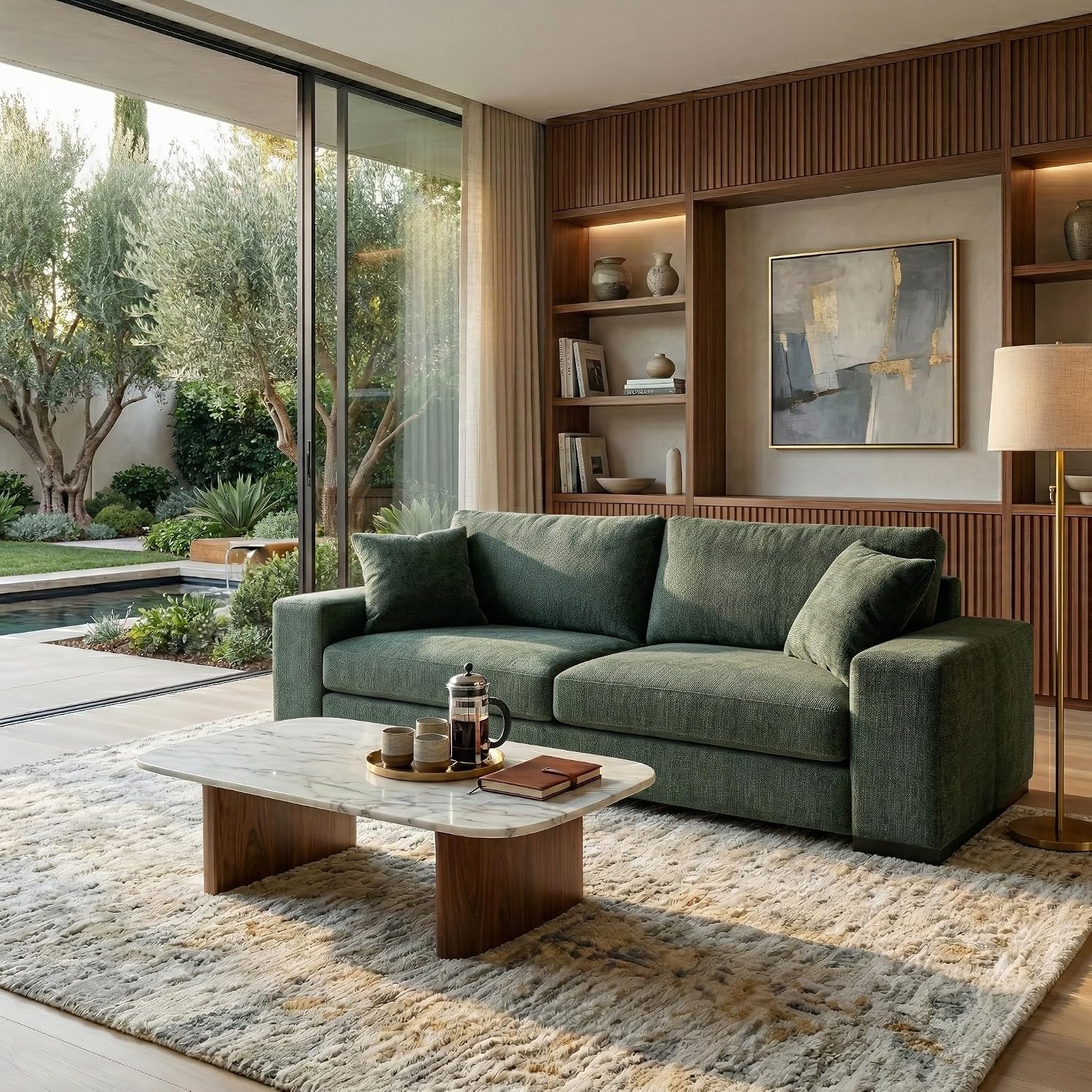 SAFAVIEH Couture - Oakleigh Sofa - Contemporary Style - Dark Green Chenille Upholstery - Ideal for Living Room, Family Room, 98" W x 35" D x 33" H (SFV6121B)