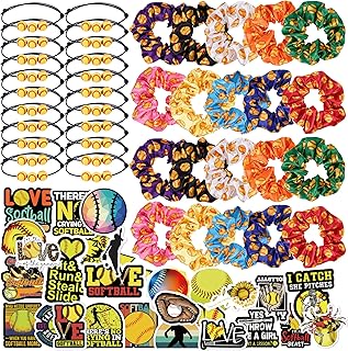 140 Pieces Softball Party Favor Setï¼š20 Pieces Satin Softball Scrunchies Hair Ties,20 Pieces Adjustable Softball Bracelet and 100 Pieces Softball Stickers Softball Birthday Party Decoration for Sports Themed Party Favor and Supplies