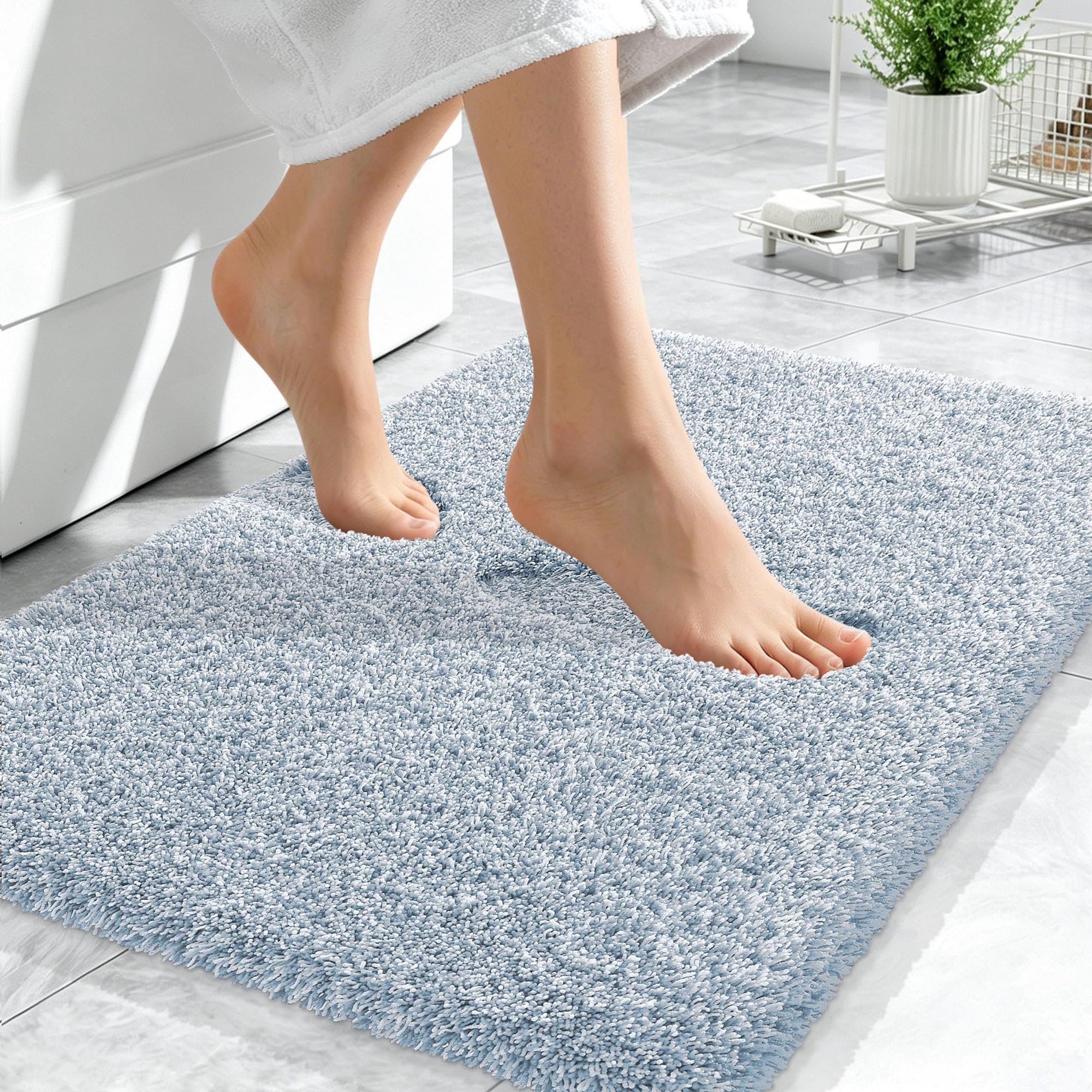 OLANLY Microfiber Bathroom Rugs 24x16, Quick Dry Mat, Airy Blue and White