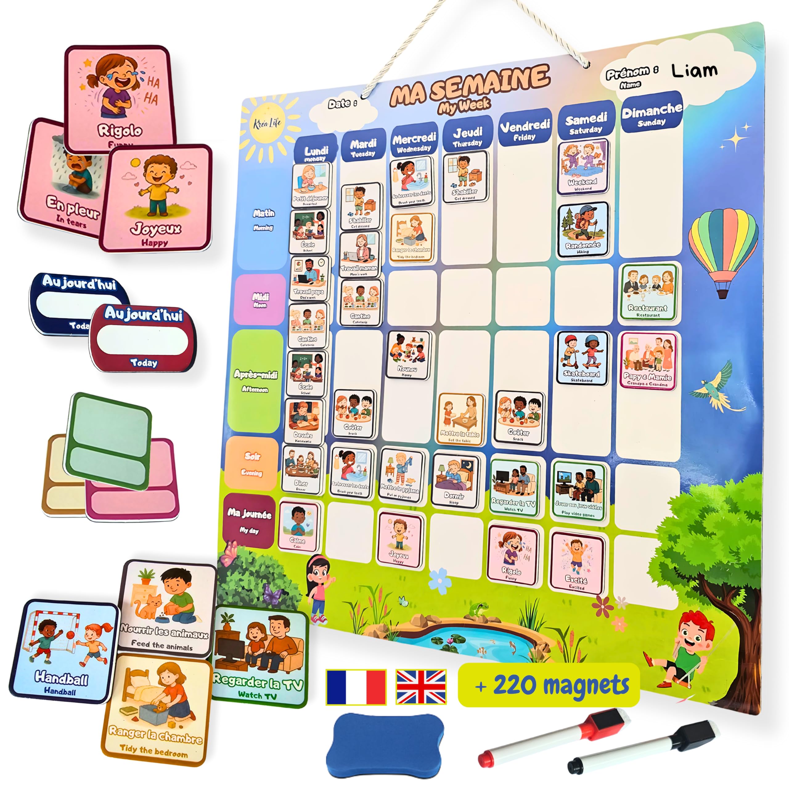KréaLife® Planning Semaine Enfant Tableau Magnétique 40x40 cm +220 Aimants Colorés Éducatif Bilingue FR/EN