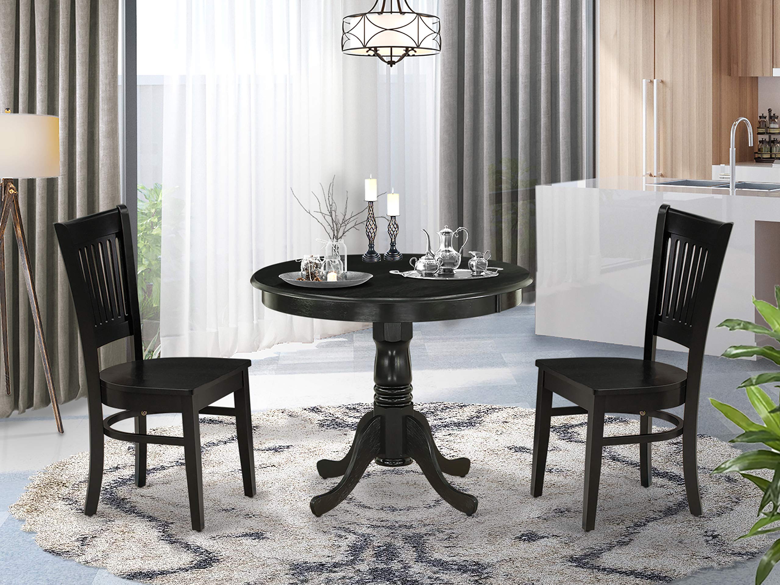 East West Furniture ANVA3-BLK-W 3 Piece Kitchen Table Set for Small Spaces Contains a Round Dining Room Table with Pedestal and 2 Dining Chairs, 36x36 Inch, Black