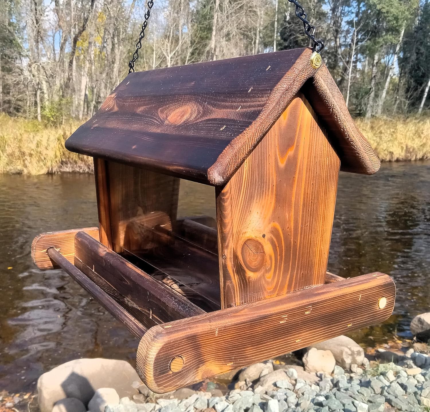 14 Inch Hanging Cedar Wood Bird Feeder for Outdoors
