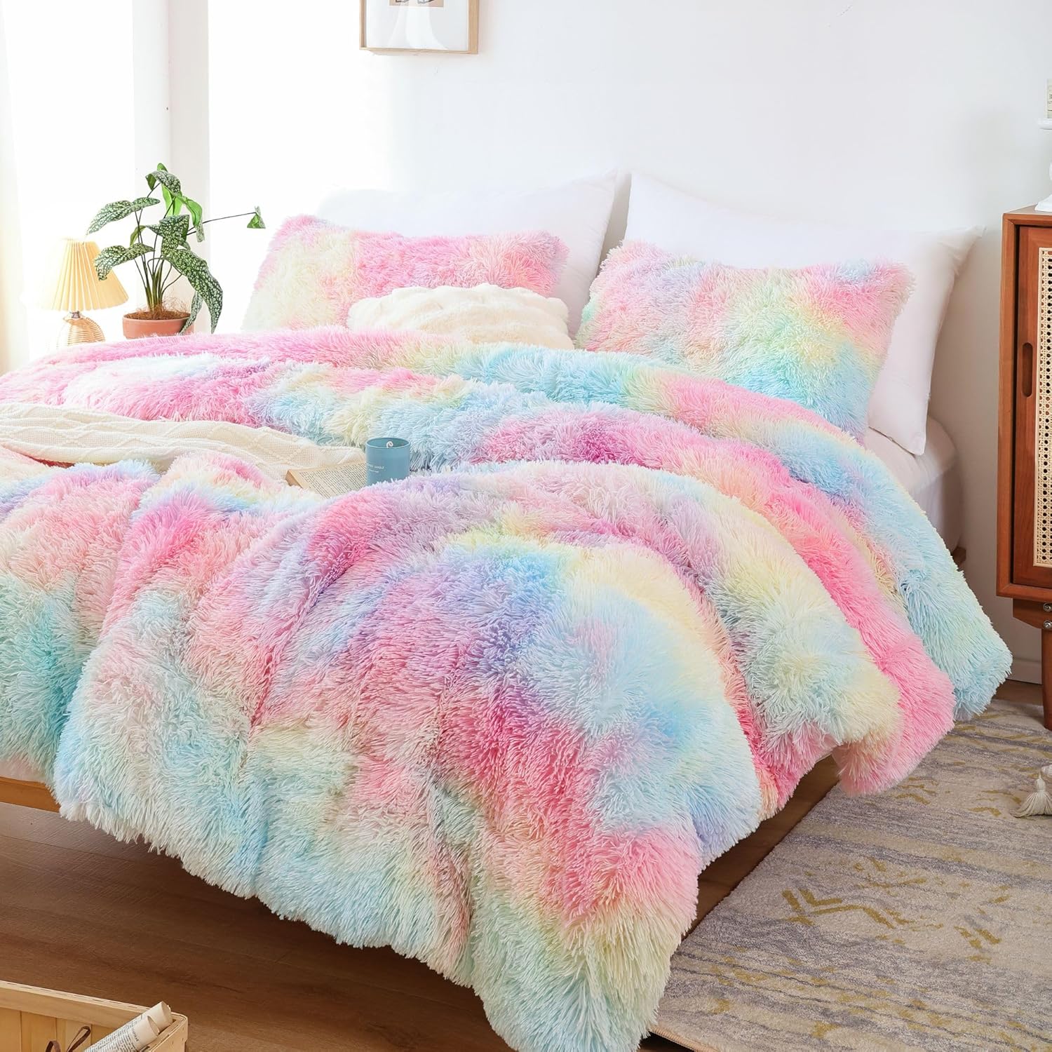 Smoofy Fluffy Twin Comforter Set, Rainbow Faux Fur Comforter Set, Luxury Fuzzy Twin Bedding Set, Soft Shaggy Bed Set for All Season, 2 Pieces - 1 Comforter & 1 Pillowcase, Tie-Dye Pink