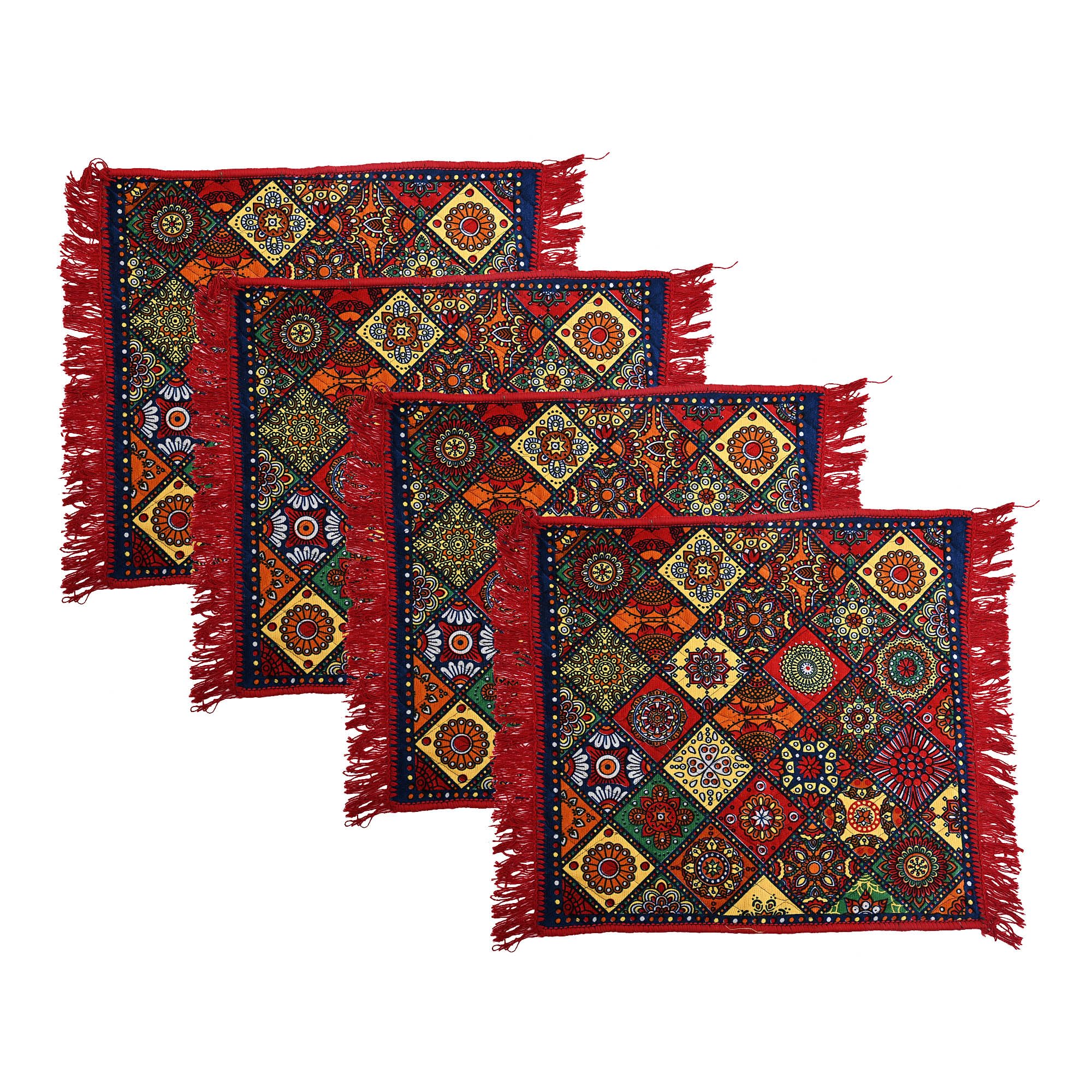 Heart Home Pack of 4 Velvet Finish pooja mat for sitting on floor | Traditional Rangoli Print Aasan Puja Cloth for Home Mandir | Suitable for Prayer & Meditation | Red Rangoli-image-48