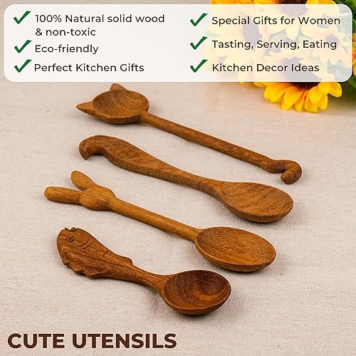 Miniatura 2 de JABIHOME Wooden Spoons for Eating, Cool Mother's Day Gifts for Mom, Small Wooden Spoon,Cat, Parrot, Rabbit, Fish Serving Utensils, Cat Lovers Gifts