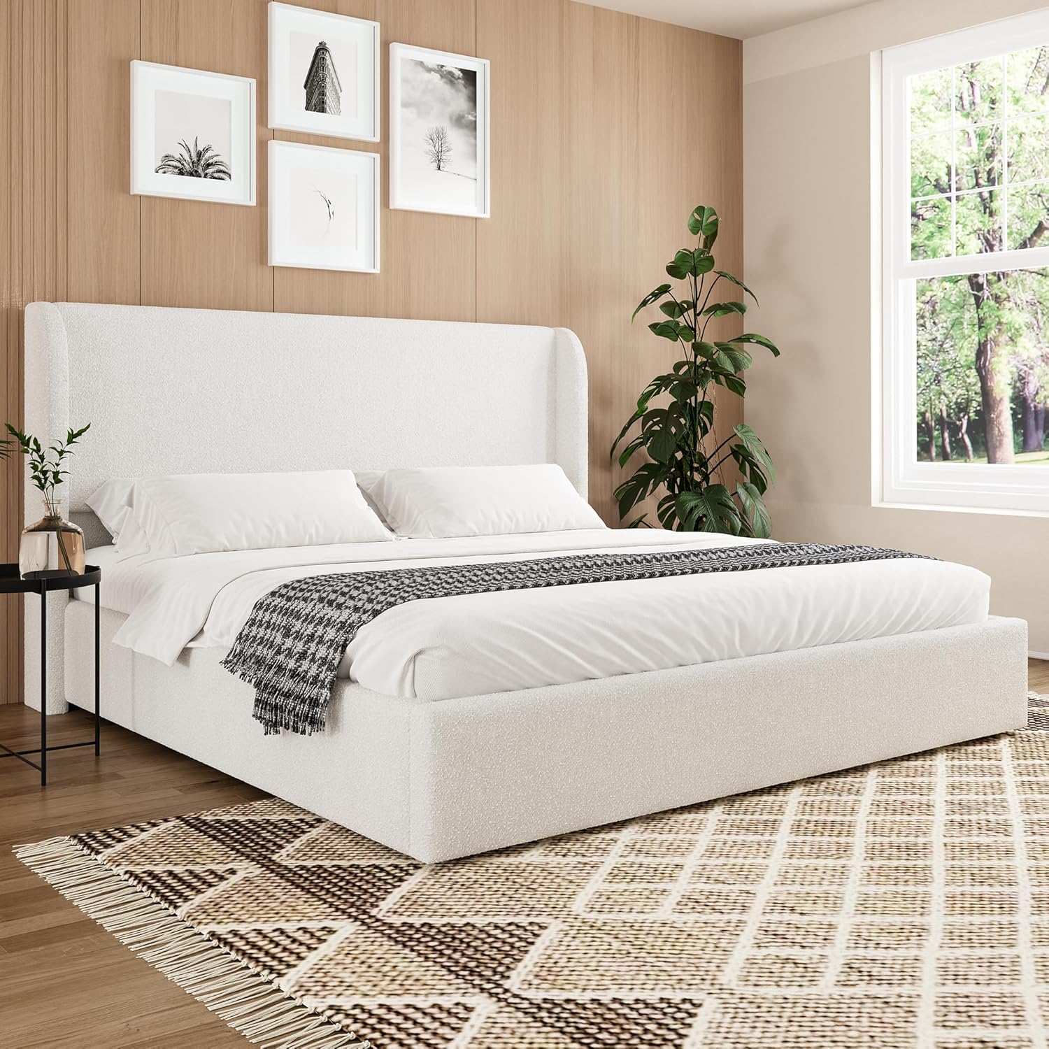 Ball & Cast King Bed Frame with Wingback Headboard, Boucle Upholstered Platform Bed Frame King Size with Solid Wood Support, No Box Spring Needed, Easy Assembly,White