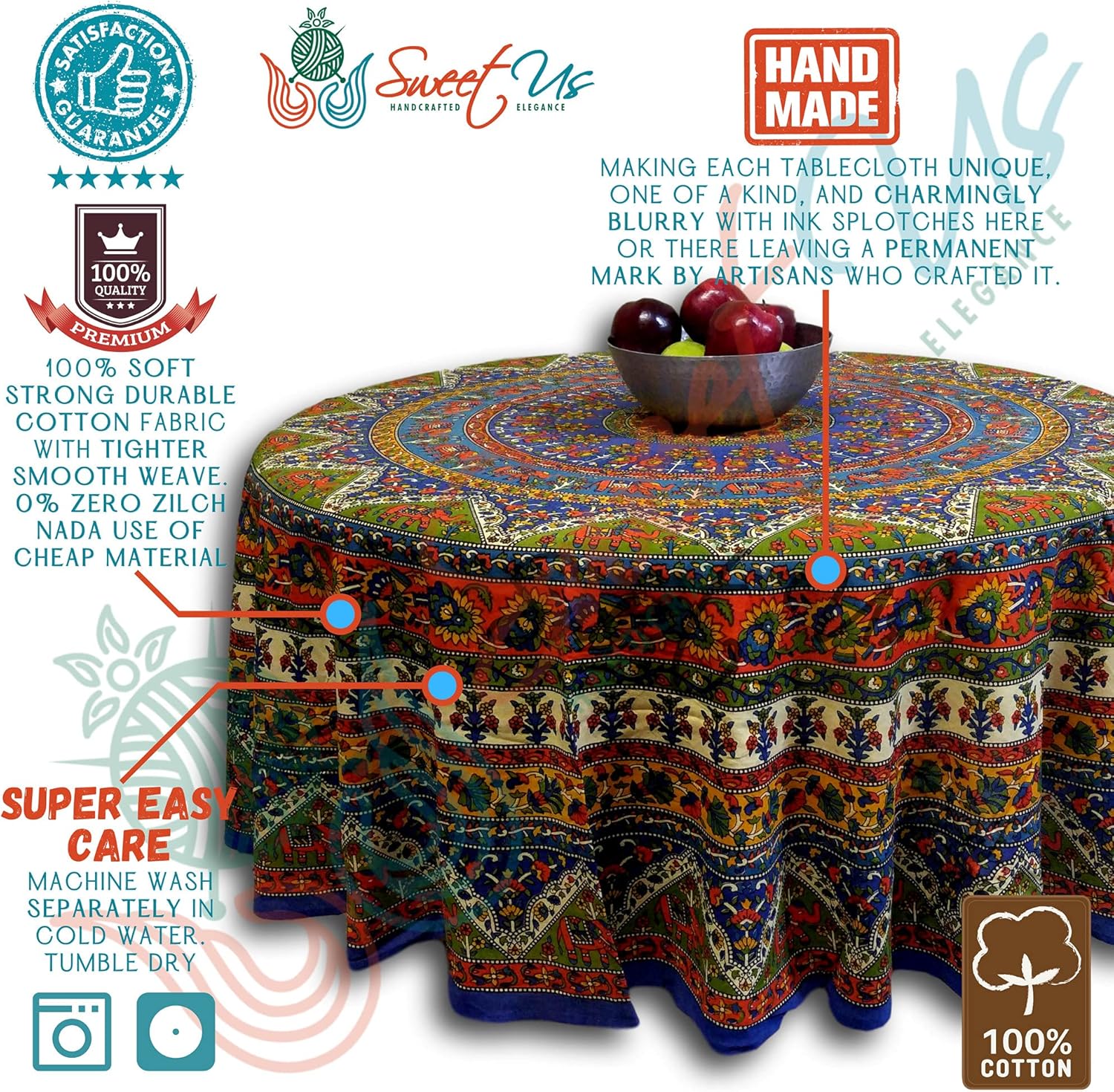 Elephant Tablecloth for Round Tables, Cotton Floral Kitchen Dining Table Cloth, Linen Blue Green Red, Table Cover for Indoors and Outdoors 70-in Round : Home & Kitchen