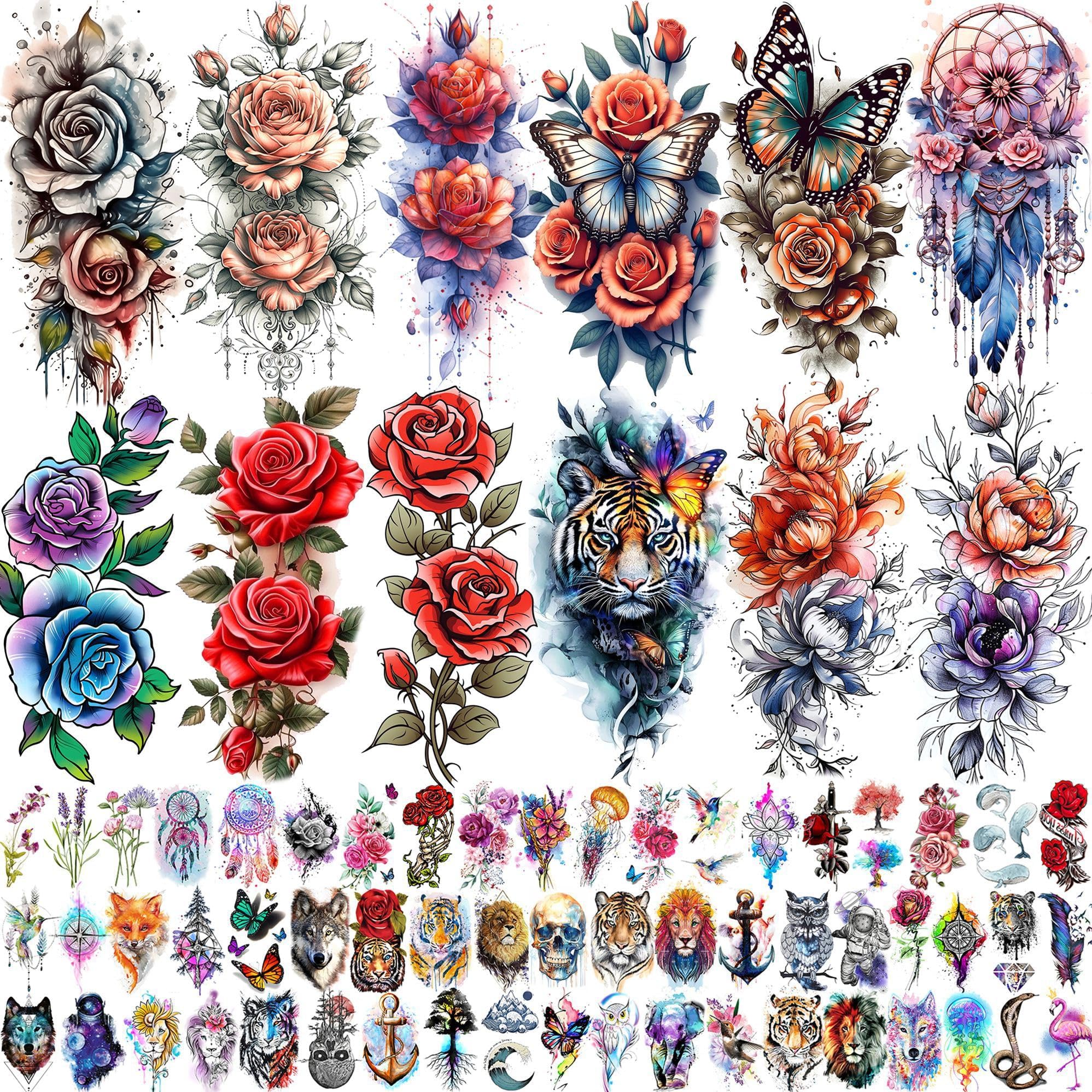 69 Sheets Watercolor 3D Rose Flowers Temporary Tattoos For Women Girls Adults, Realistic Peony Florals Fake Tattoo Stickers Dreamcatcher, Colorful Bulk Half Arm Sleeve Tattoo Butterfly Tiger