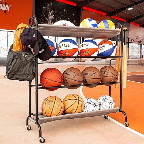 Miniatura 6 de Estante de baloncesto, estante de bolas de 4 capas, organizador de bolas rodantes con soporte para bate de béisbol y ganchos, carrito de