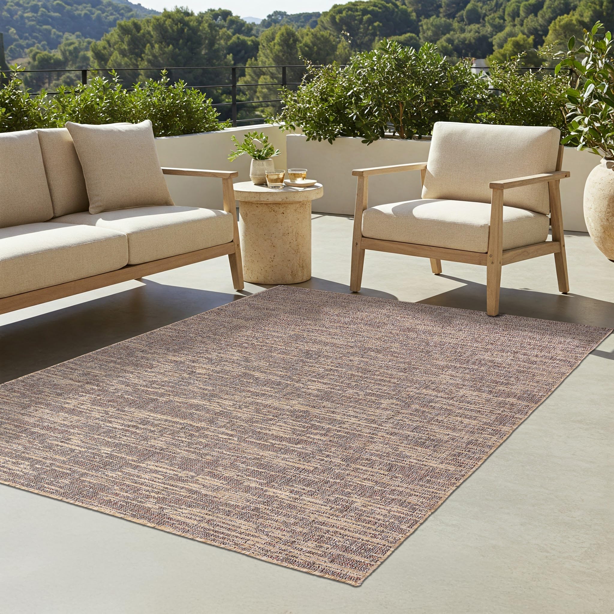 TAPISO Yucana In & Outdoorteppich Dunkelbraun Braun Beige Boho 140 x 200 cm