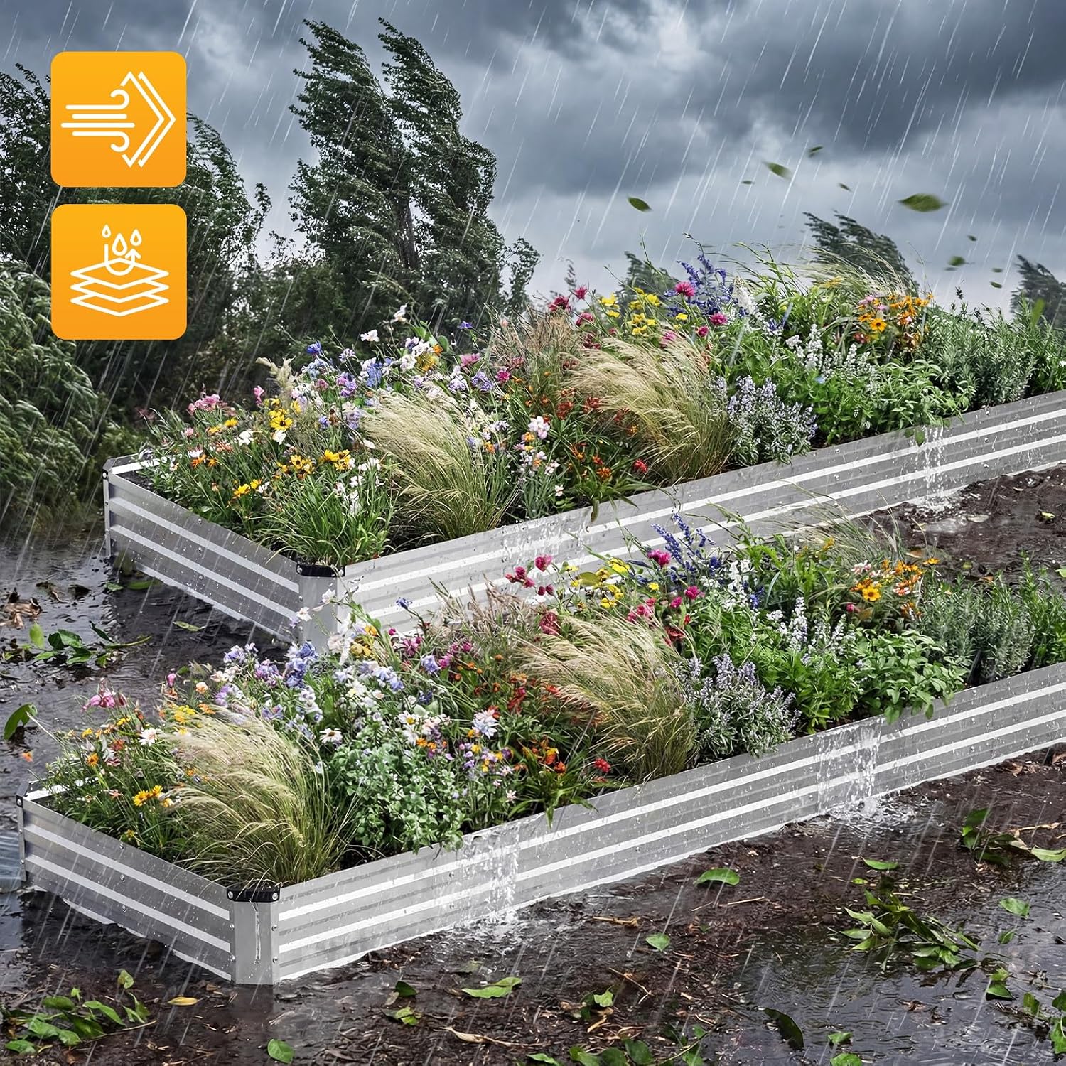 NEWBULIG 12x4x1ft 2 Pack Rectangular Galvanized Raised Garden Bed Outdoor, Rust-Resistant Metal Planter Boxes, Flower Bed for Vegetables/Flowers/Herbs, Open Bottom, Easy Assembly, X-Shaped Bars