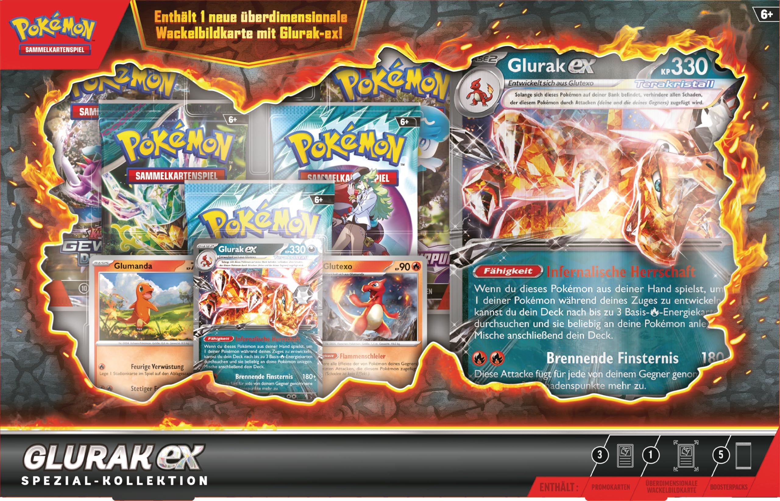 Pokémon-Sammelkartenspiel: Spezial-Kollektion Glurak-ex (1 holografische Promokarte, 2 holografische Karten, 1 überdimensionale Wackelbildkarte & 5 Boosterpacks)