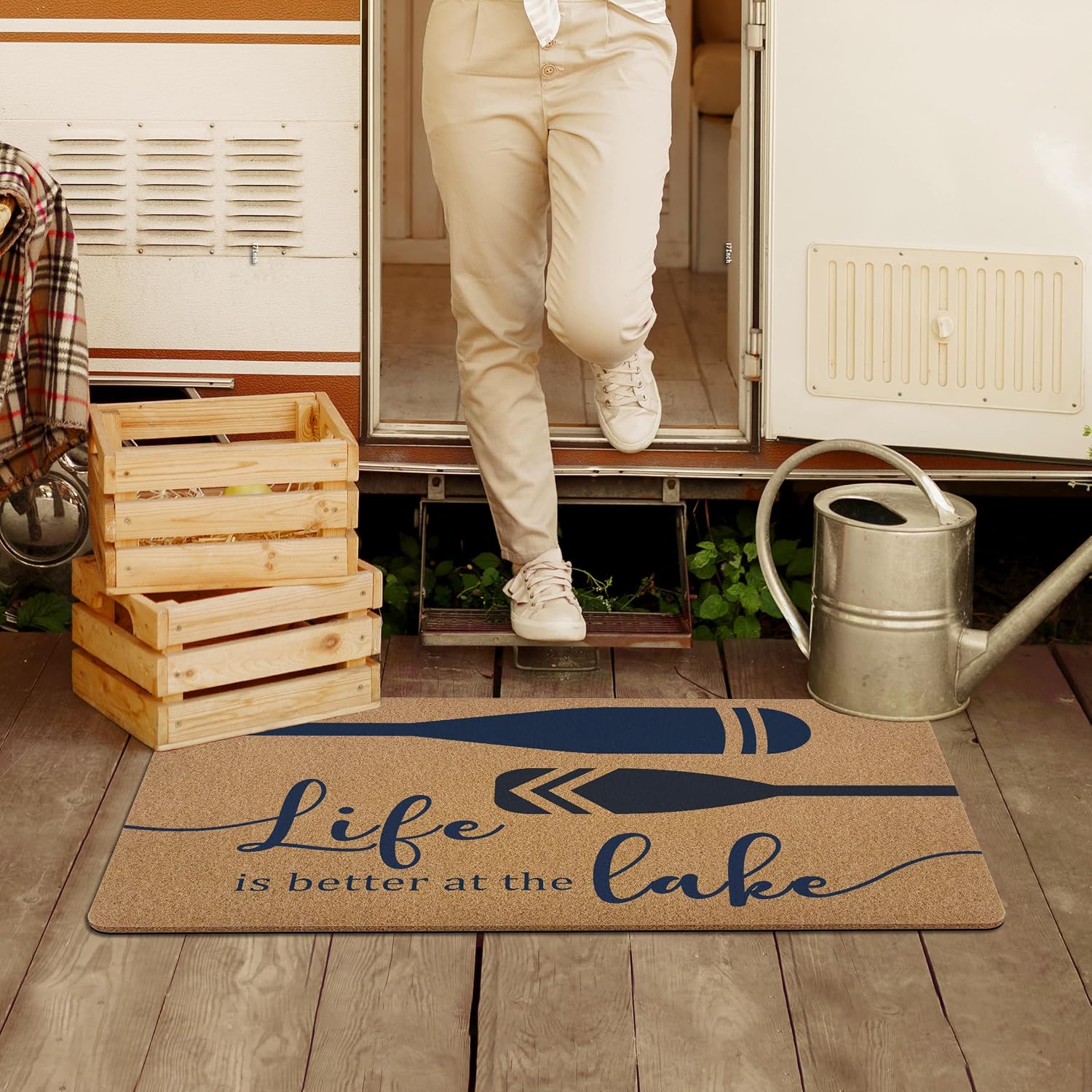 Life is Better at The Lake Door Mat, Lake House Decor Front Door Mat Outside Entrance,Nautical Blue Lake House Artificial Coir Doormat Rugs for Indoor Entryway Porch Patio Entry, 17x30 in
