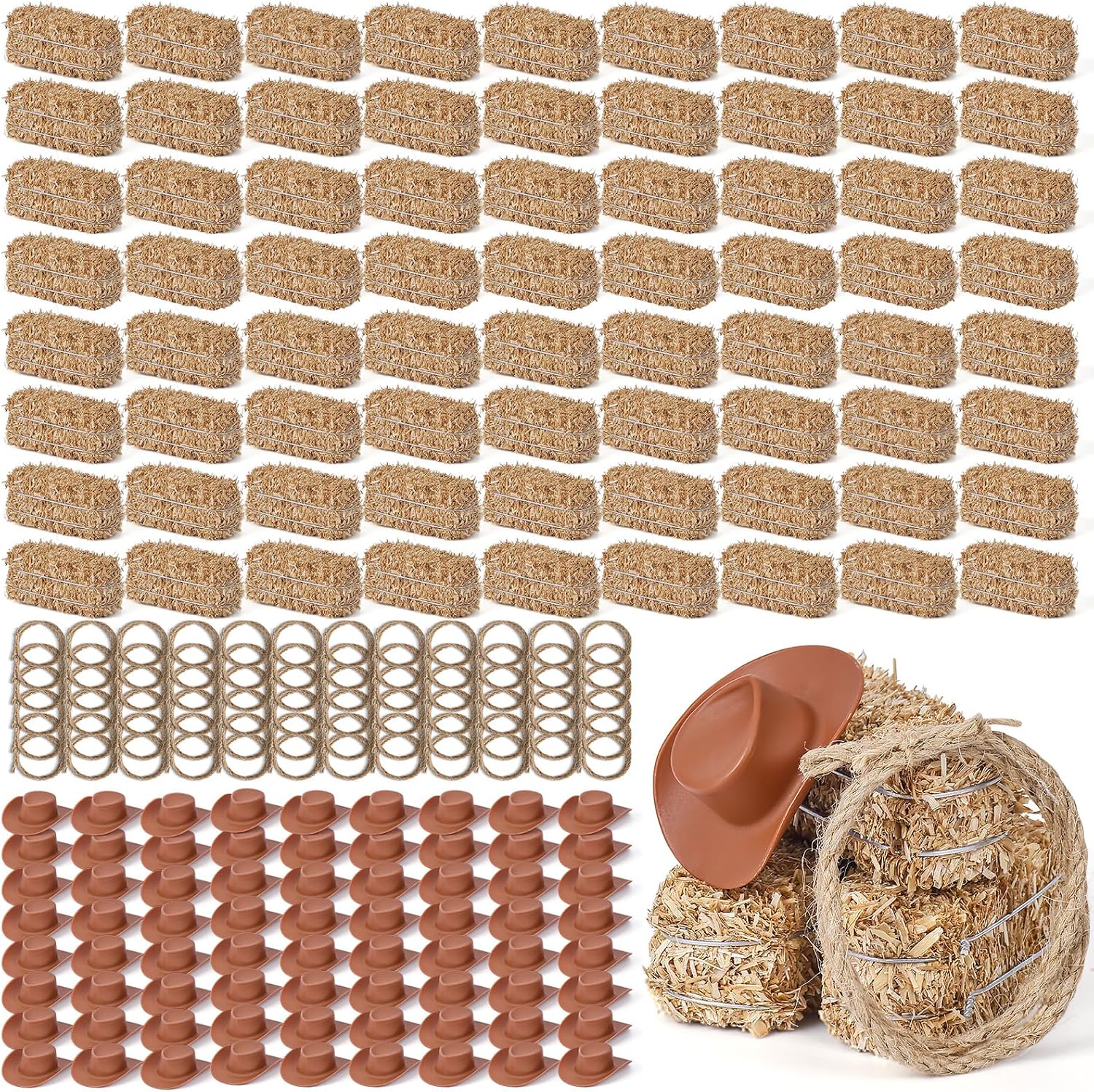 72 Pcs Western Themed Party Decoration, Includes 24 Pcs Mini Straw Bales,24 Pcs Jute Ropes and 24 Pcs Mini Cowboy Hats, Realistic Haystack Dollhouse Accessories, Cowboy Table Centerpieces (72 Pcs)