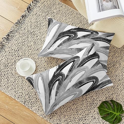 Miniatura 5 de CaliTime Juego de 2 fundas de almohada decorativas de vellón de dos tonos con plumas abstractas para sofá, cama, decoración de casa rural, 20 x 20