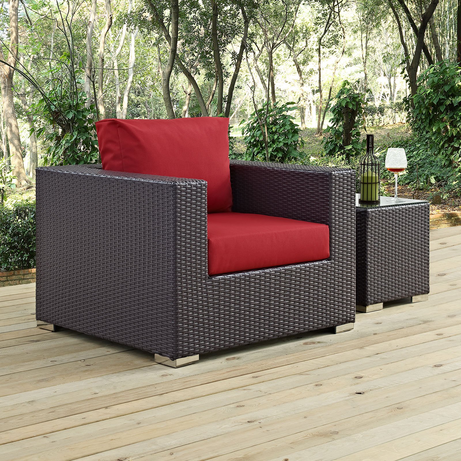 Modway Convene Wicker Rattan Outdoor Patio Arm Chair with Cushions in Espresso Red