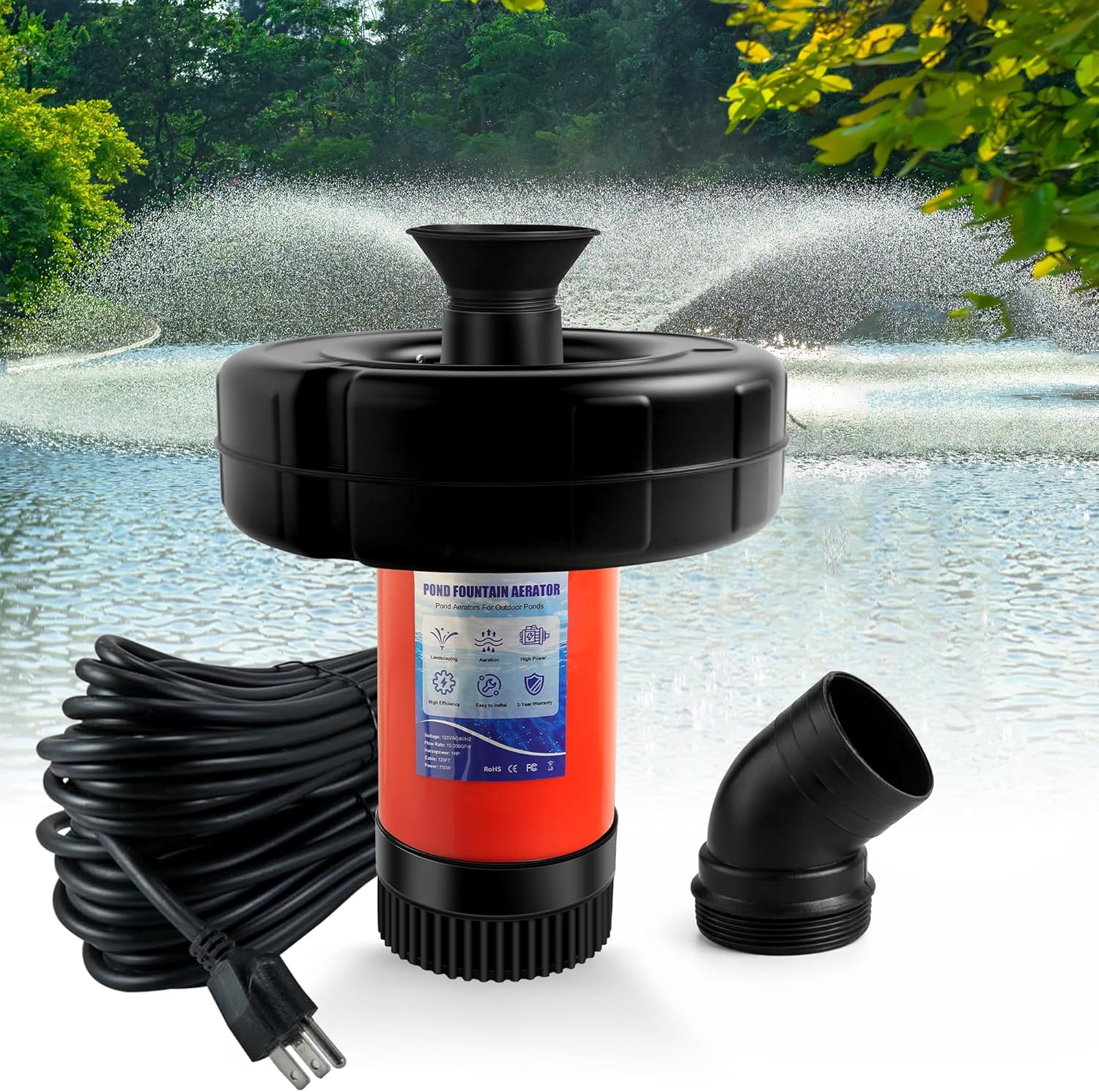 Pond Fountain Aerator 750W, 1HP 15000 GPH Floating Aerating Pump, 120ft Power Cord for Small & Large Ponds & Lakes (120V)