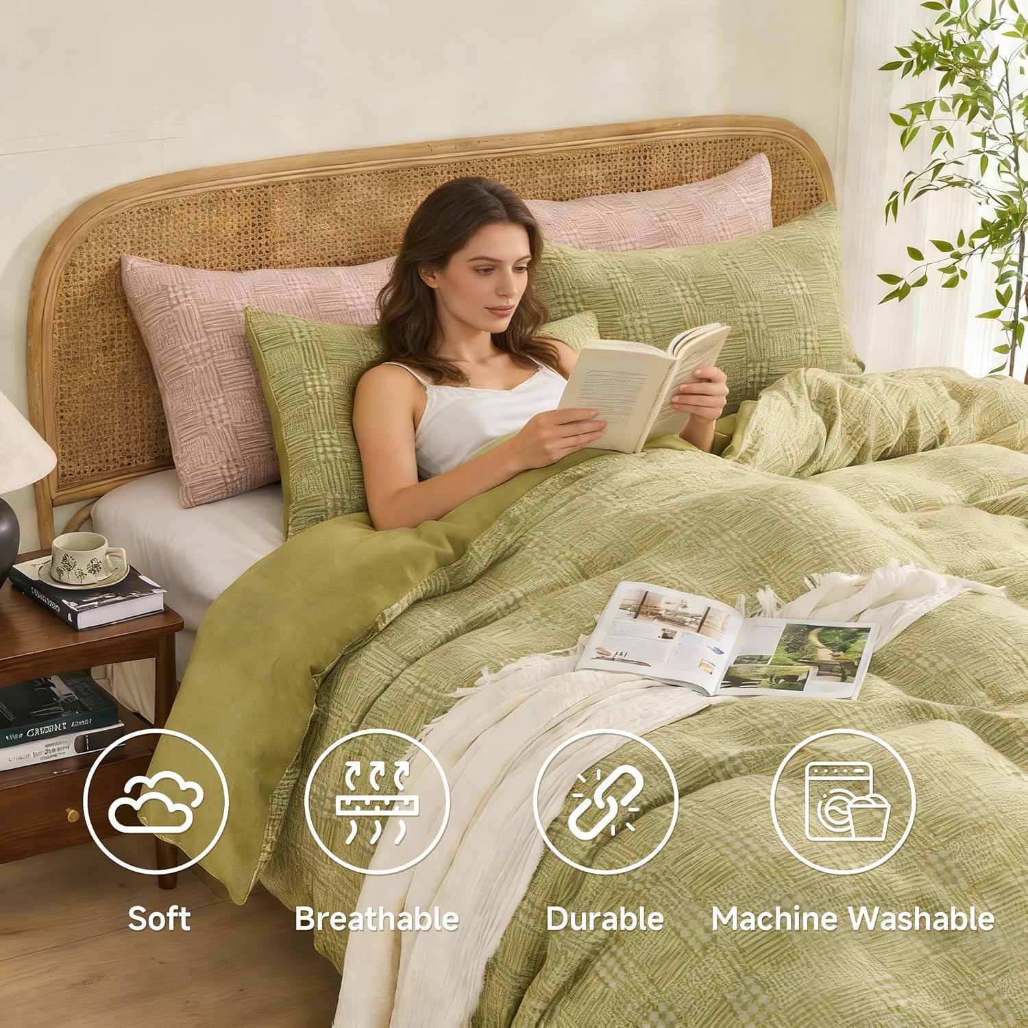 Simple&Opulence 100% Cotton Yarn-Dyed Jacquard Duve Queen Size, 3 Pcs Gingham Duvet Cover Set with 7 Inner Ties and Zipper Closure, Ultra Soft Bedding Set for All Seasons (Green, 88" x 92")