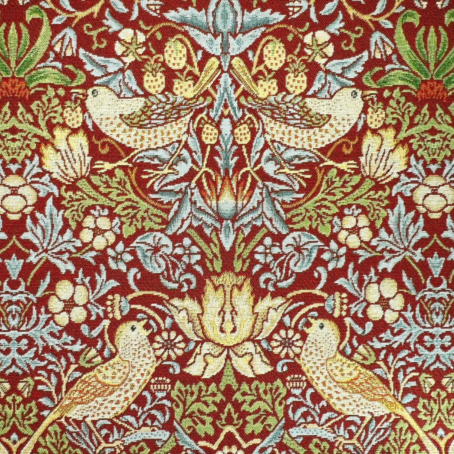 Tapestry Fabric - William Morris Strawberry Thief Red - Bird & Floral Design Upholstery Curtain Cushion Fabric Material (100cm x 140cm)
