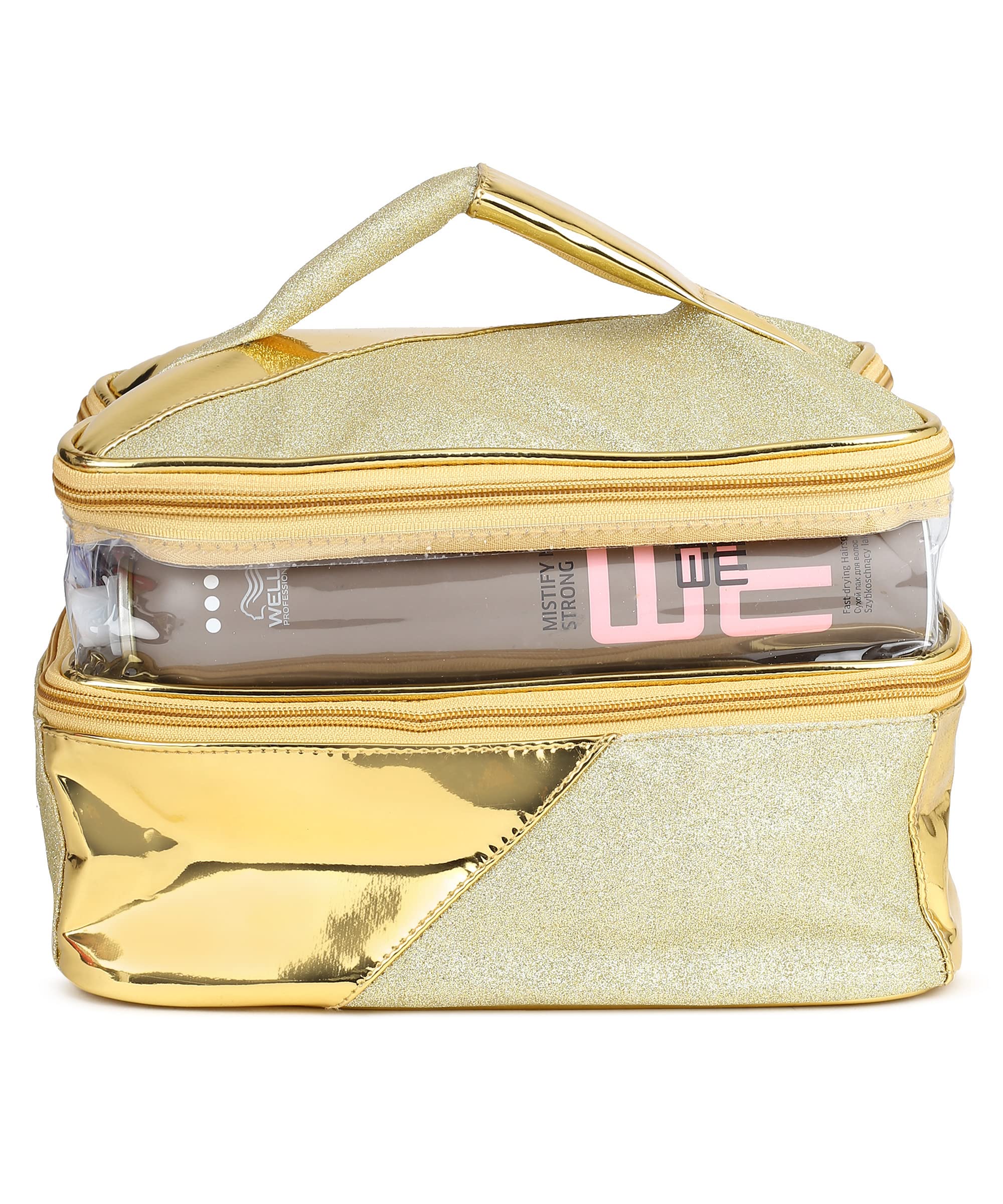 Double Layer Cosmetic Bag Organizer Makeup Pouch for Women Travel Cosmetics Case Toiletry Bags for Girls (Gold)