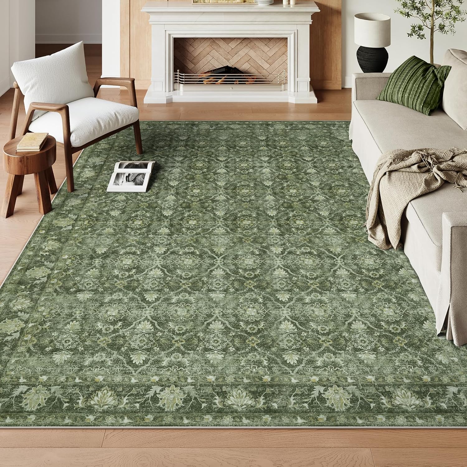 Green Washable Area Rugs 8x10 for Living Room, Vintage Moroccan Bedroom Rug Non Slip with Ruber Backing, Stain Resistant Large Carpet for Dining Office Home Apartment (Olive 8x10 Ft)