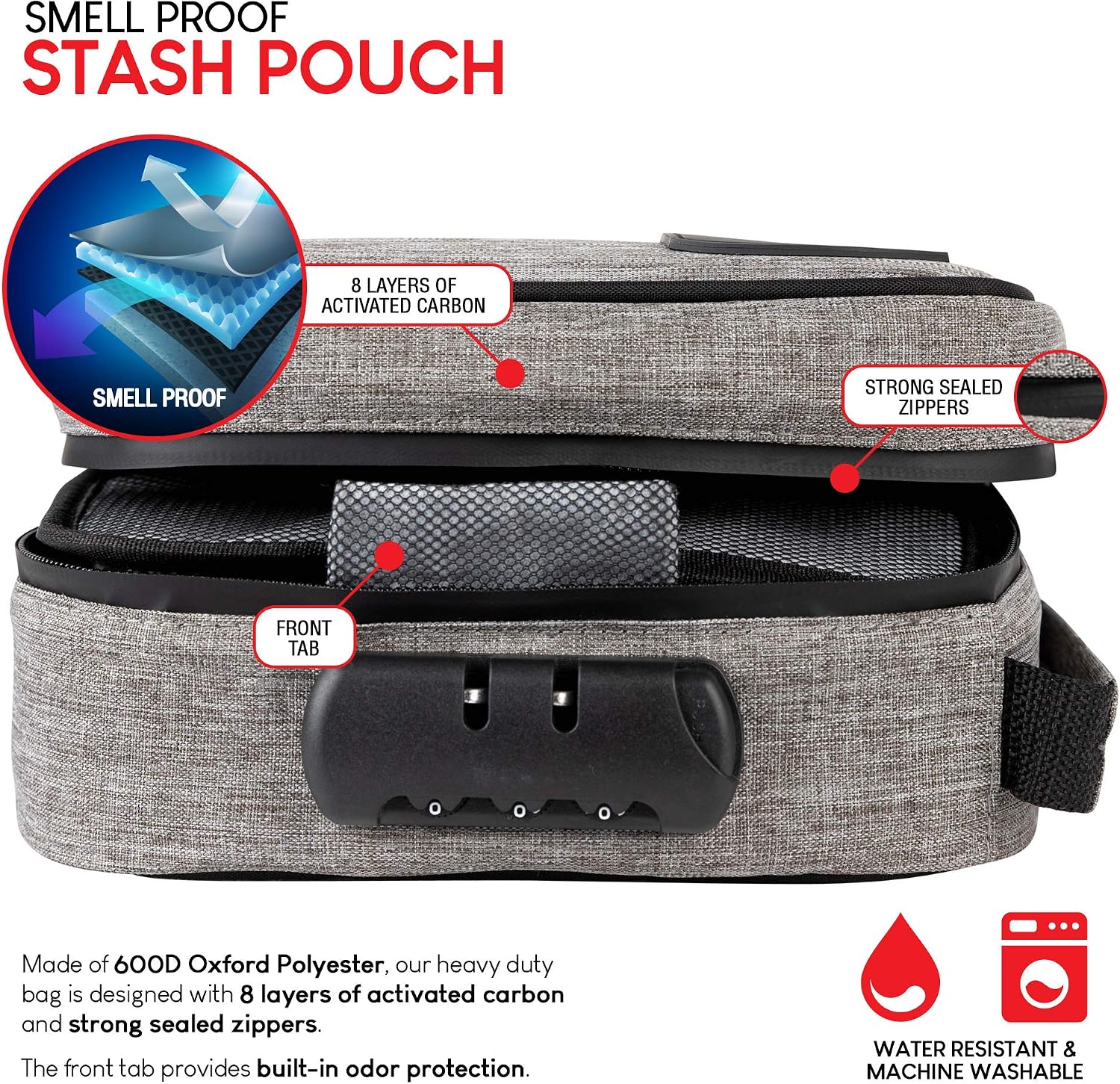 Smell Proof Storage Pouch - Polyester Storage Bag - Odor Resistant Storage Container with Easy Grip Handle - Portable Storage Bag with Padded Lock - 3 Digit Combination Lock - Grey Storage Bag