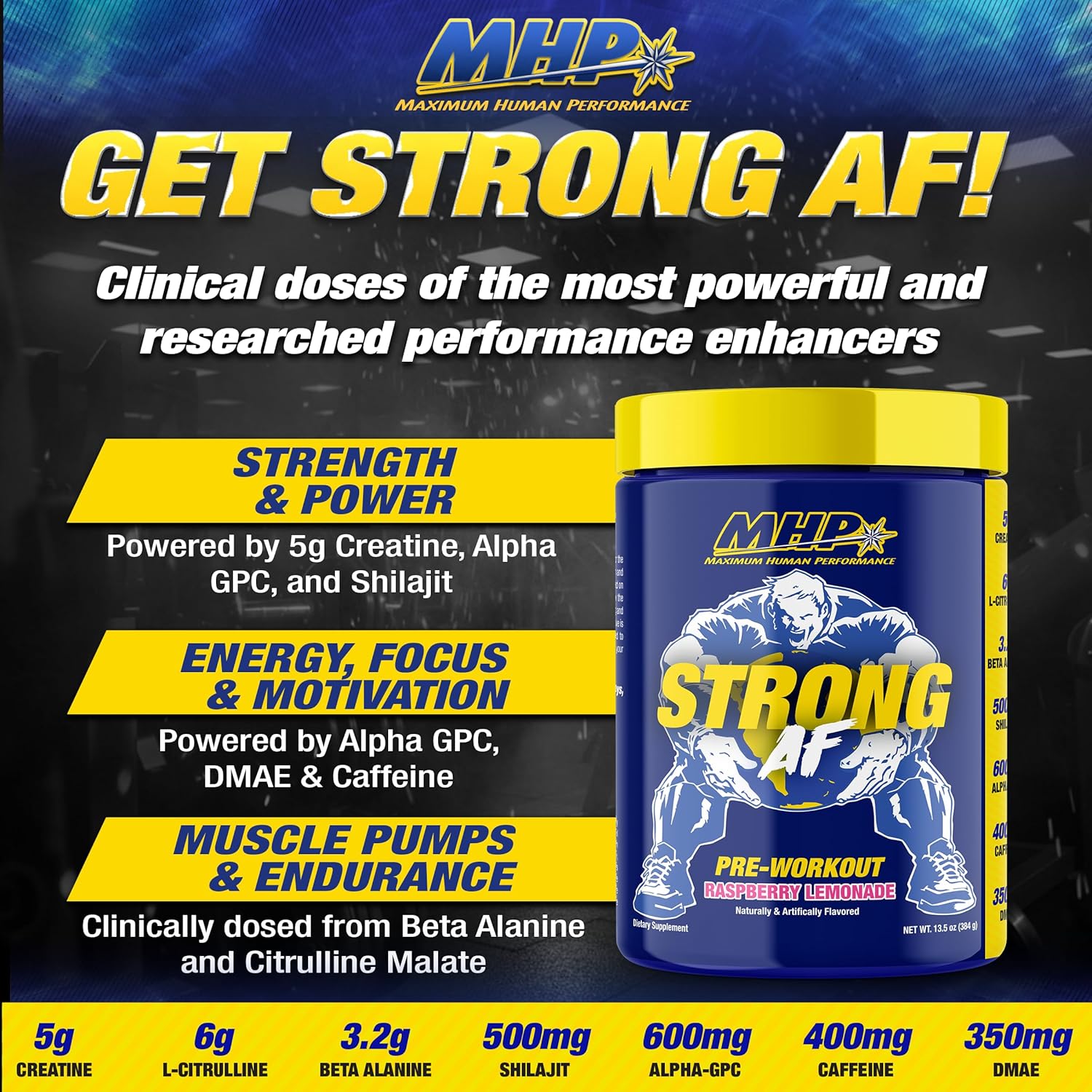 MHP Strong AF, Pre-Workout, Muscle Building, Strength, Performance, Creatine, Shilajit, Beta Alanine, Citrulline, Alpha-GPC, Raspberry Lemonade, 40 Servings