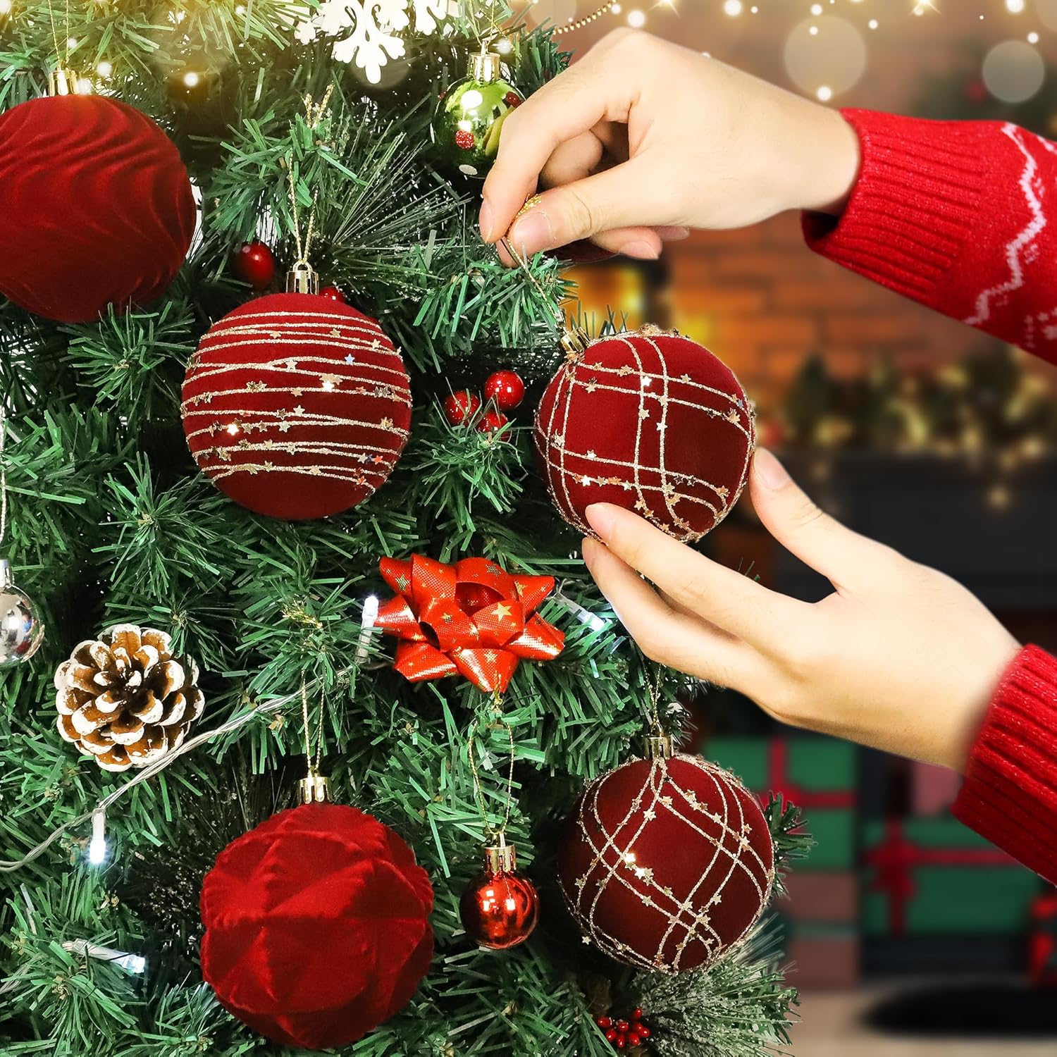 Tifeson 12pcs Velvet Christmas Balls Burgundy 3.15inch Flocked Shatterproof Hanging Ball Ornaments Christmas Tree Decorative Ornaments for Xmas Holiday Festival Party Decor - Image 2