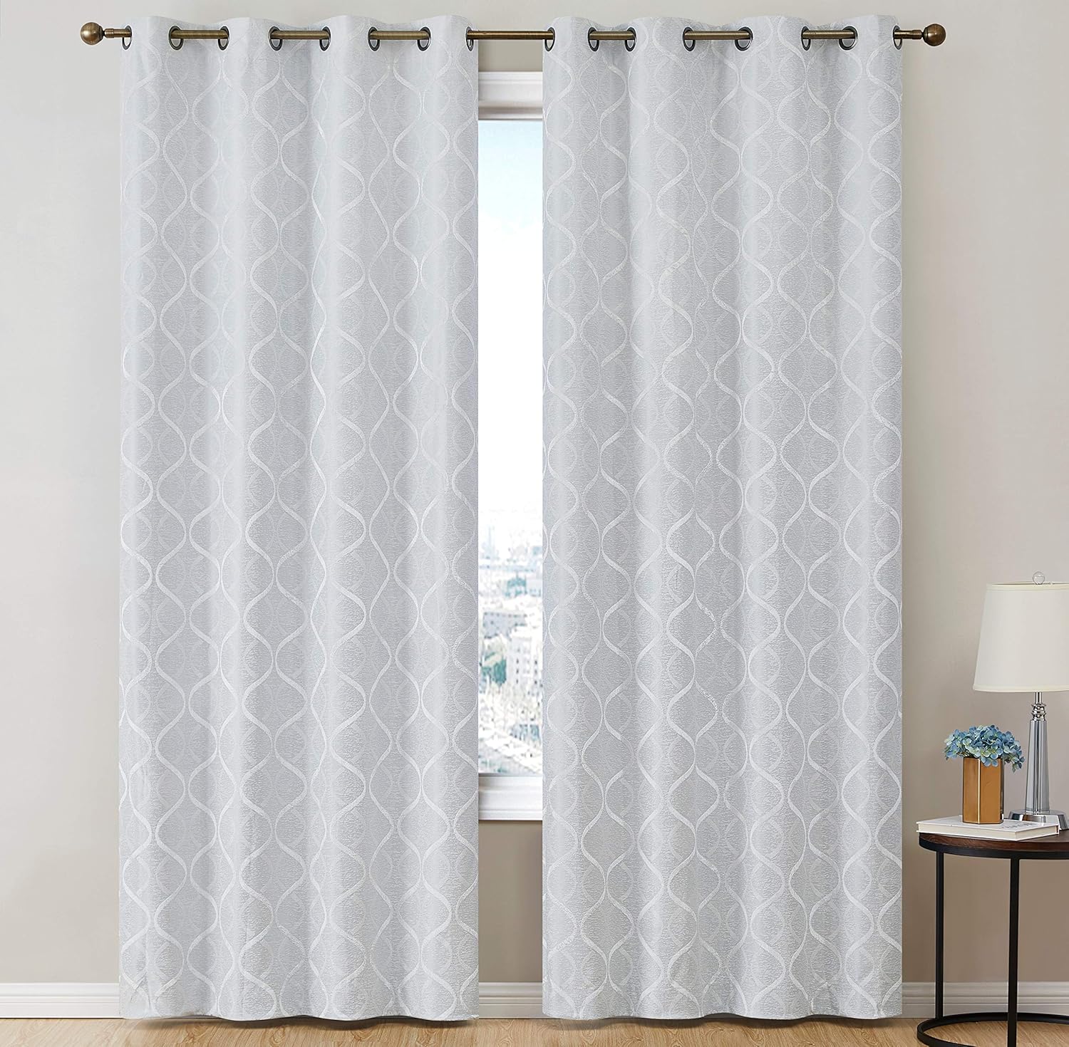 HLC.ME Versailles Lattice Flocked 100% Complete Blackout Thermal Insulated Window Curtain Grommet Panels - Energy Savings & Soundproof - for Living Room & Bedroom - Set of 2 (50 x 72 inches, Ivory)