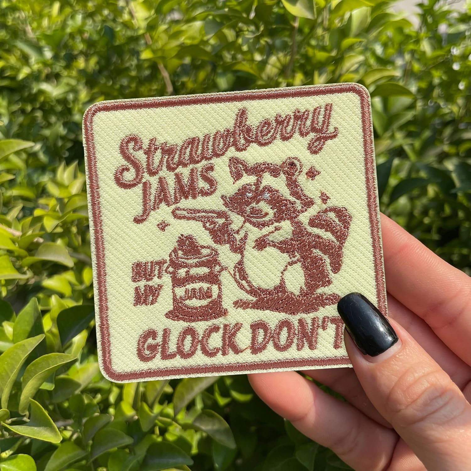 Strawberry Jams But My Gl*ck Don't Patch 3 Inches Funny Raccoon Sarcastic Meme Iron On/Sew On Embroidery Fabric Applique Patches for Trucker Hats Clothes Backpack DIY Accessories Friends Mom Gifts