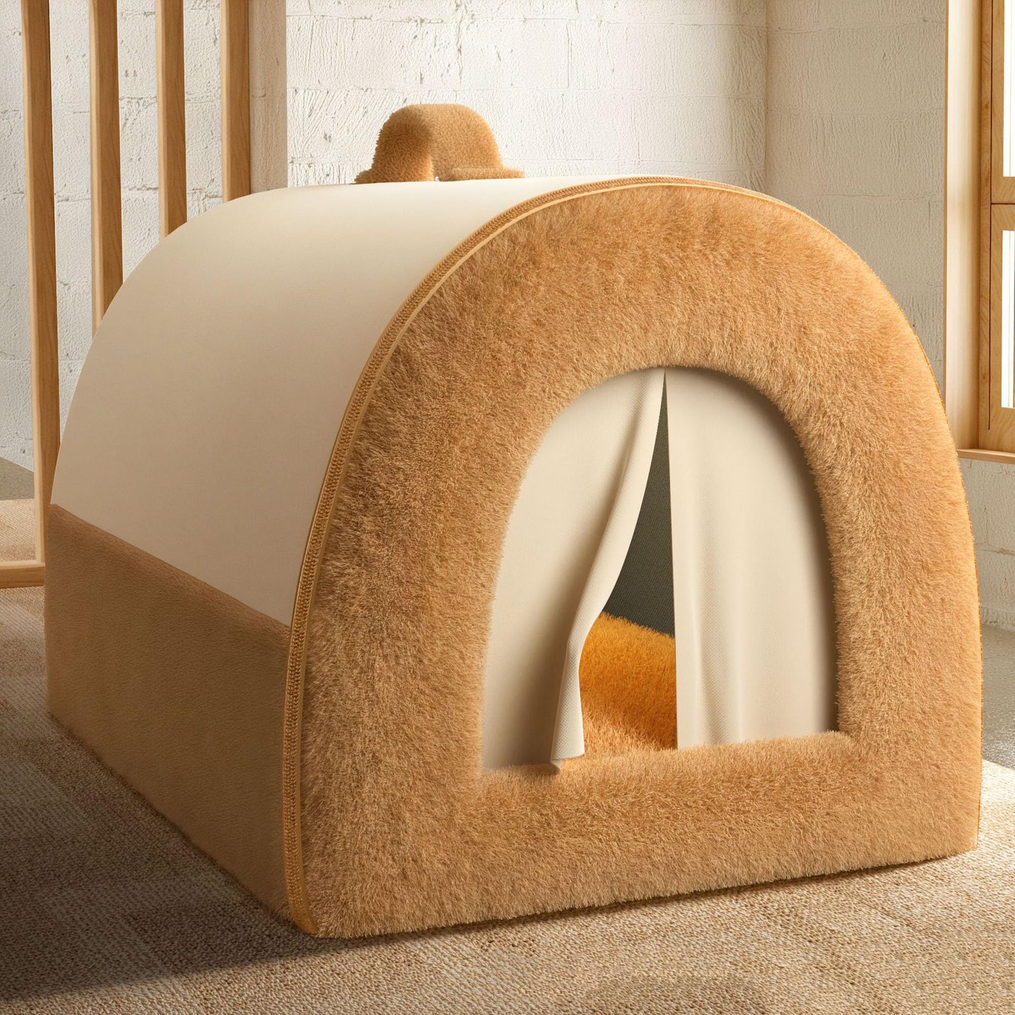 2-in-1 Foldable Warming Dog House, Enclosed Pet Sofa Bed with Removable and Washable Cushion, Dog Kennel for Indoor, Pet Houses Condos for Cats, Puppies (48 * 36 * 34cm,Khaki)