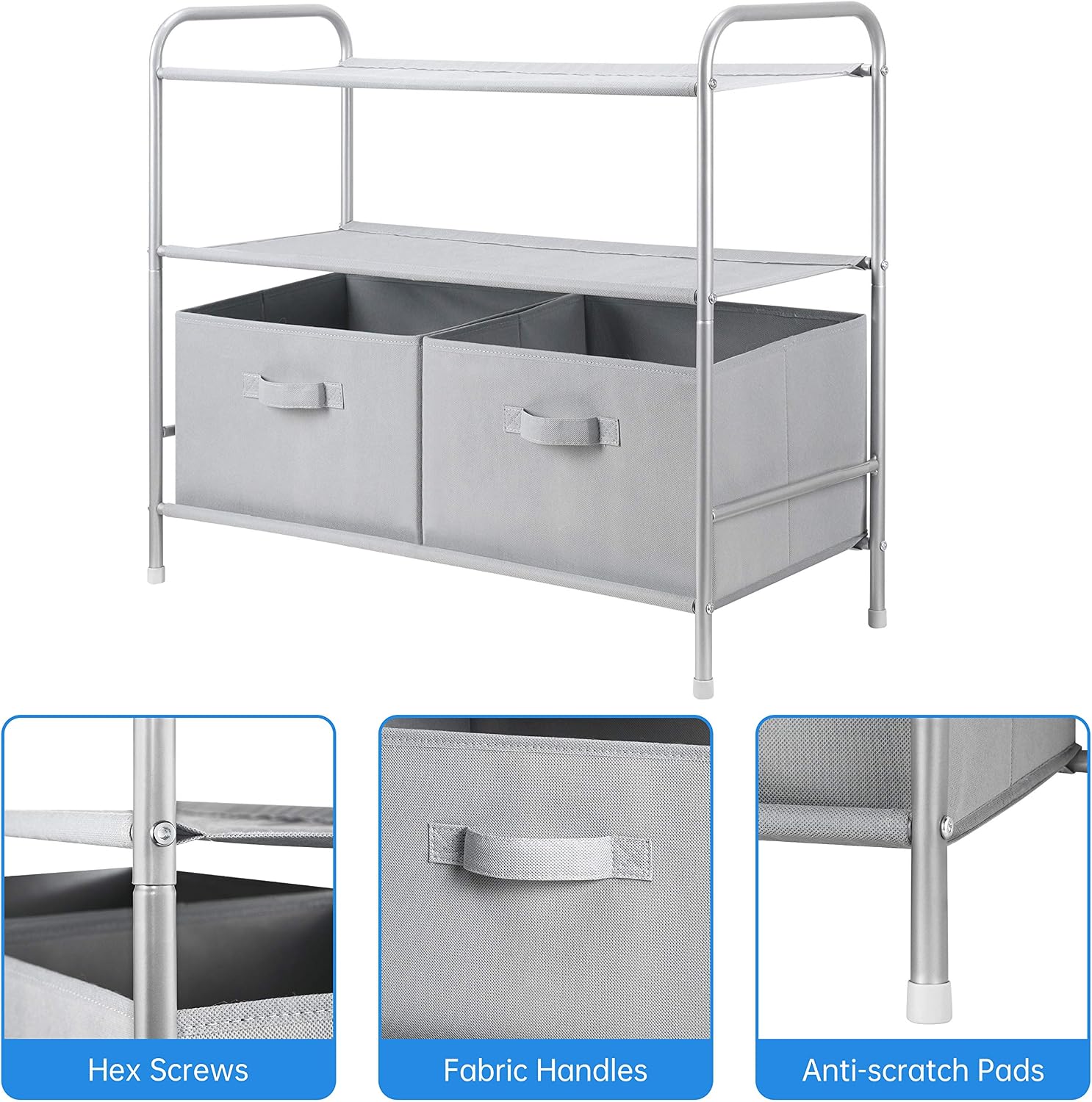 MAX Houser 3-Tier Fabric Closet Storage with 2 Drawers, Closet Shelf Organizer with Bins for Home Storage (Light Grey)