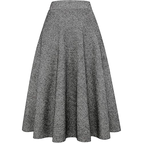 IDEALSANXUN Womens High Elastic Waist Maxi Skirt A-line Plaid Winter Warm Flare Long Skirts