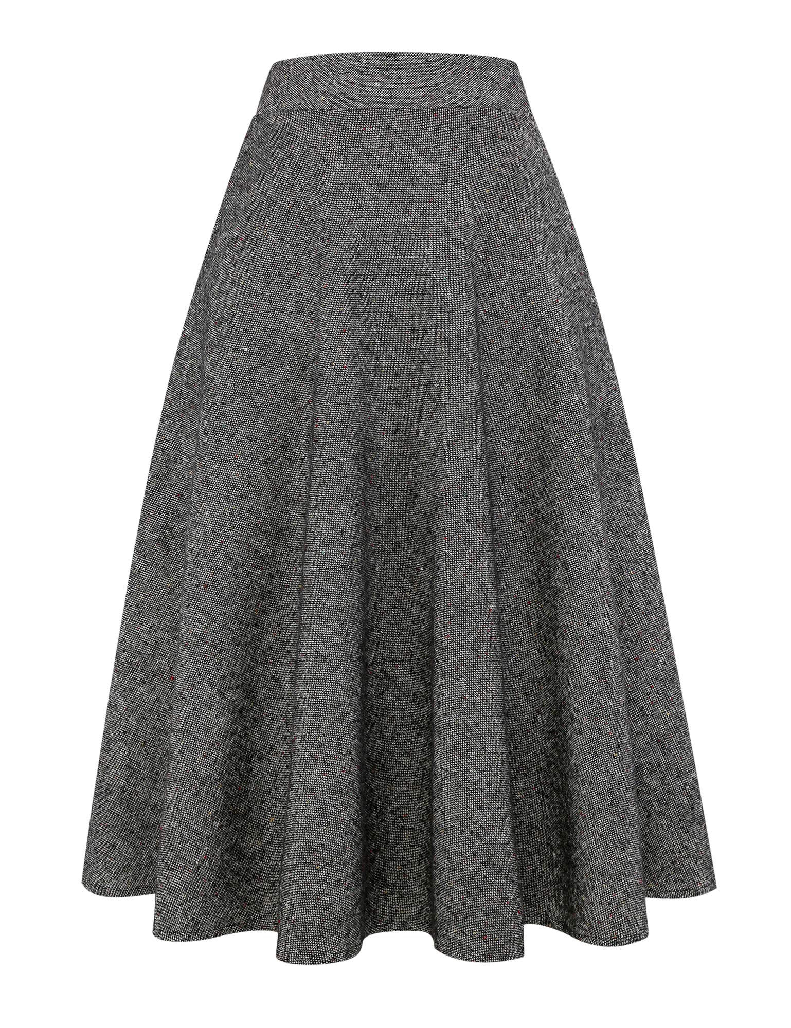 IDEALSANXUN Womens Plaid Wool Skirts Elastic Waist A-Line Pleated Tartan Long Skirts: X-Small Long Black